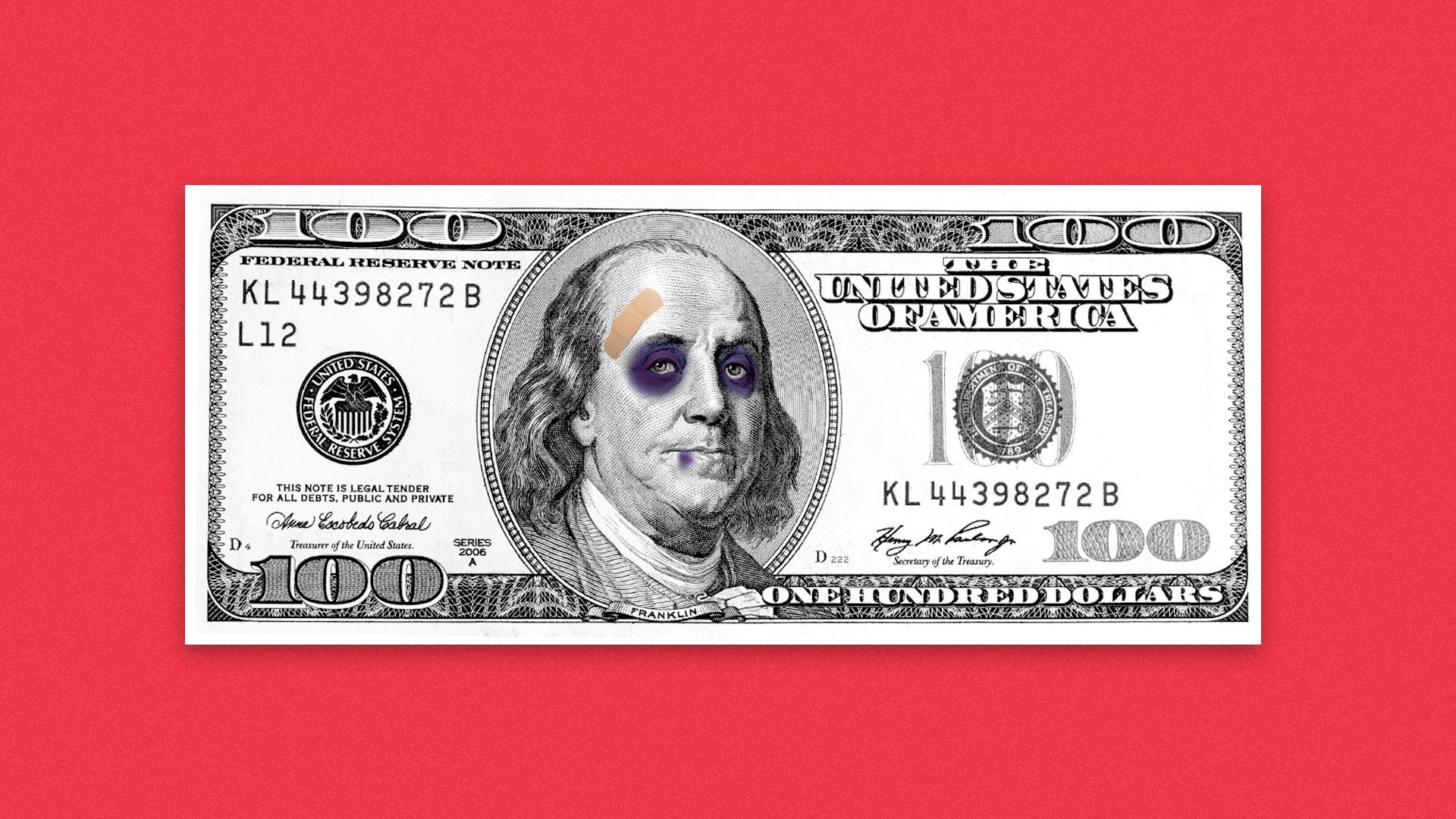 Illustration of a hundred dollar bill with Benjamin Franklin having two black eyes and a busted lip.