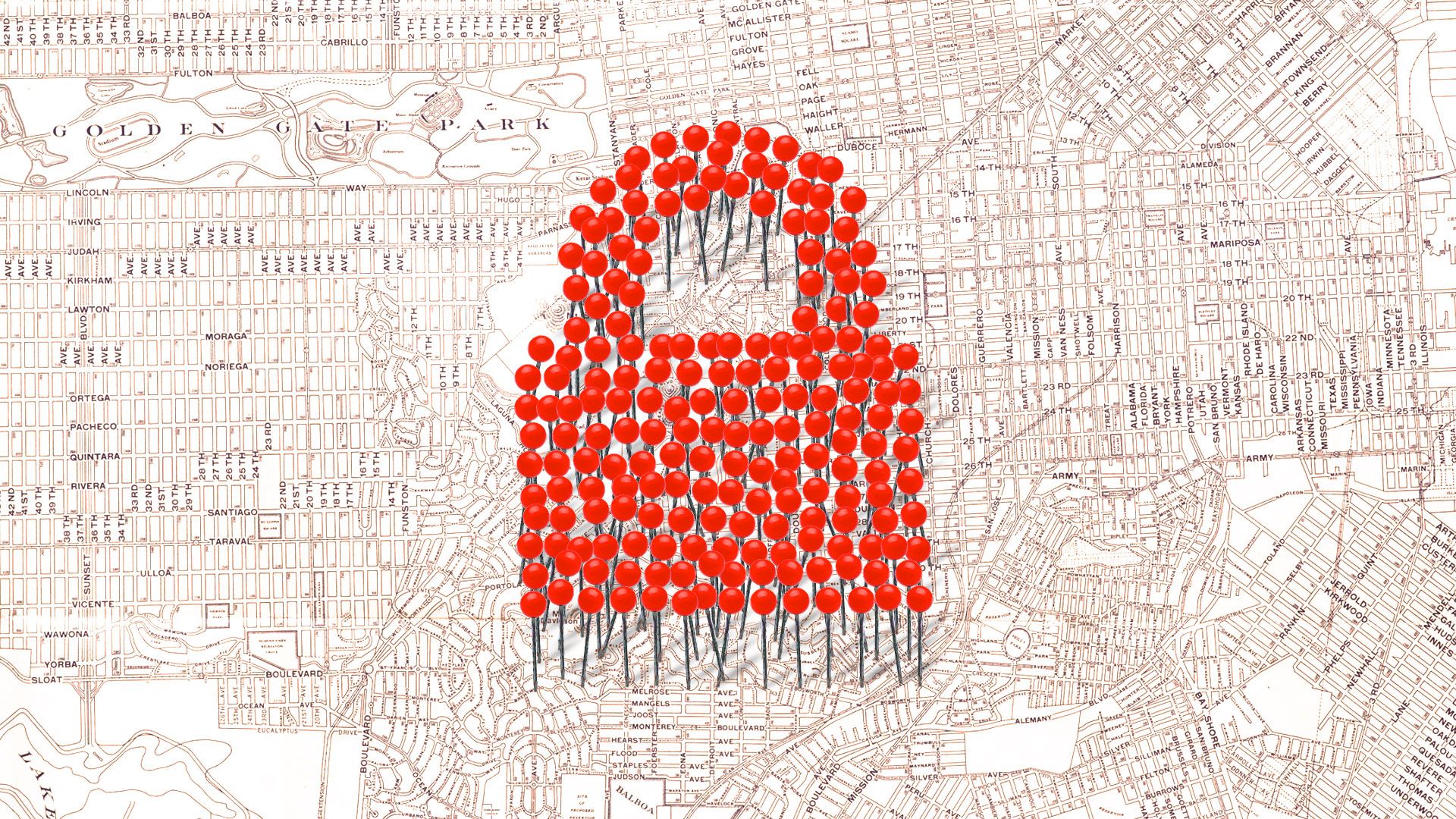 Illustration with pushpins forming a lock over an antique map of San Francisco