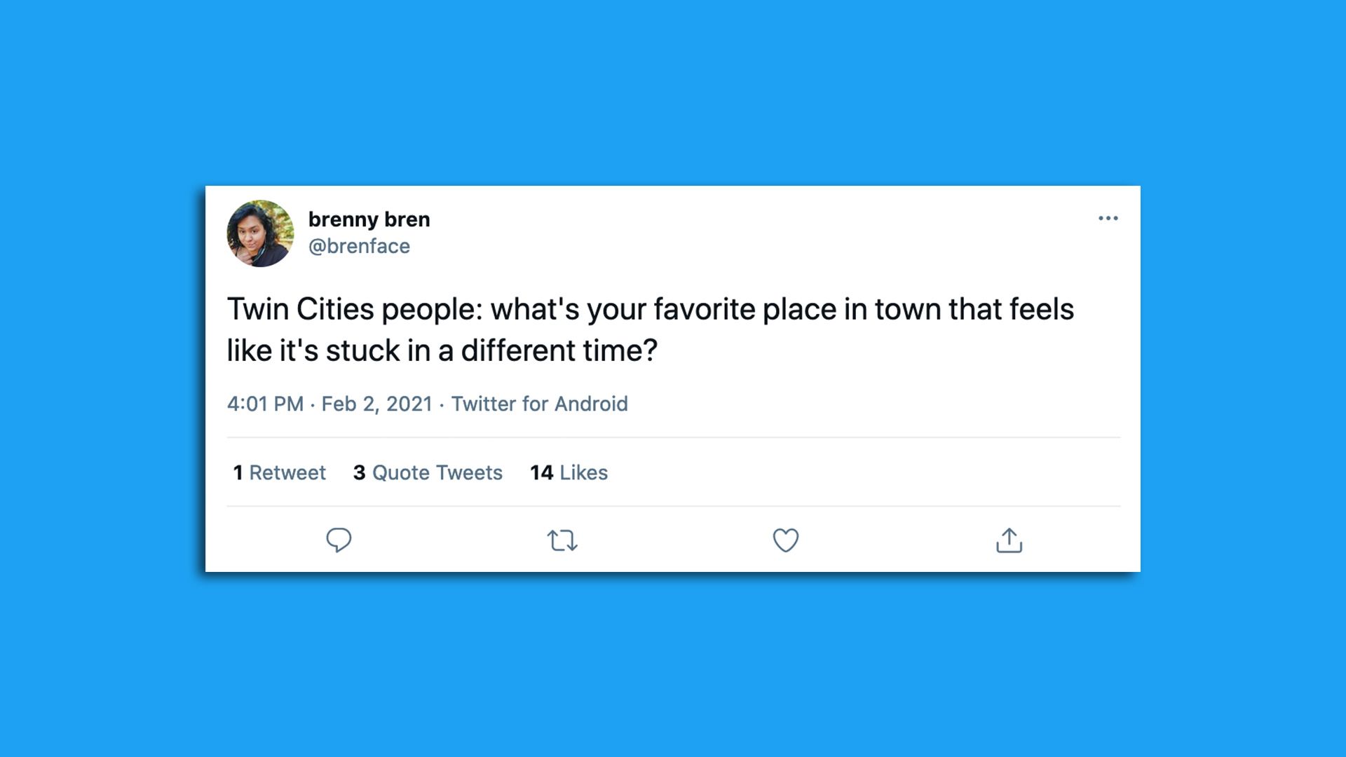 A tweet asking people their favorite place in town that feels like it's stuck in a different time