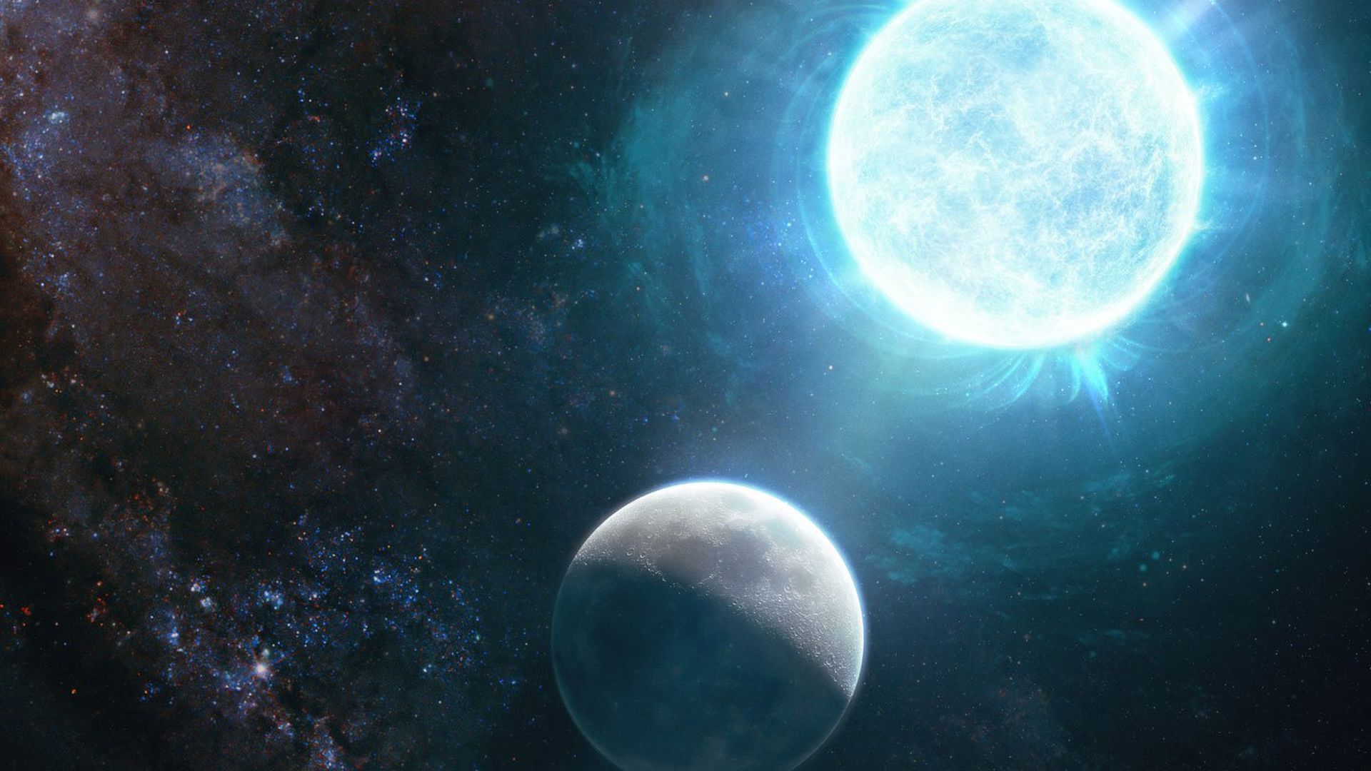 An illustration of a white dwarf star next to the Moon