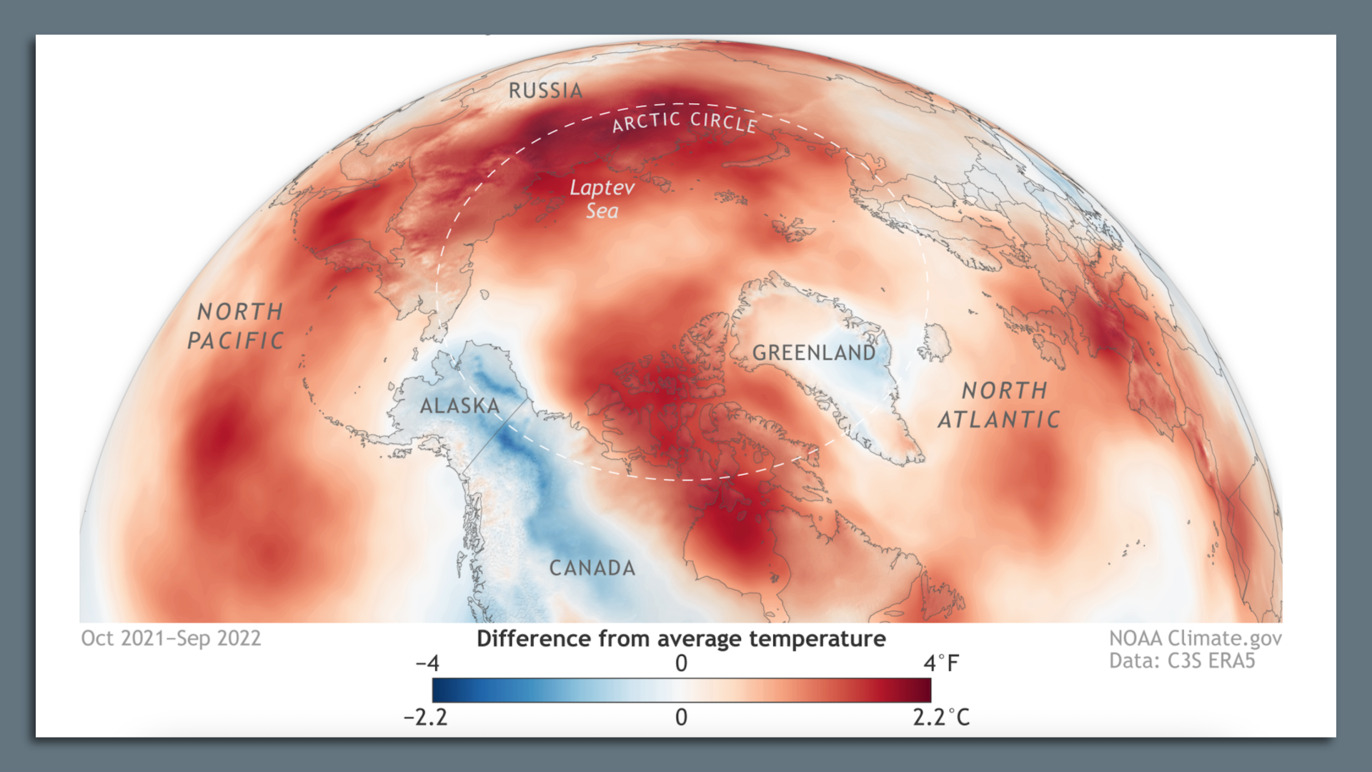 Temperature departures from average between Sept. 2021 and Oct. 2022 for the Arctic. Image: NOAA