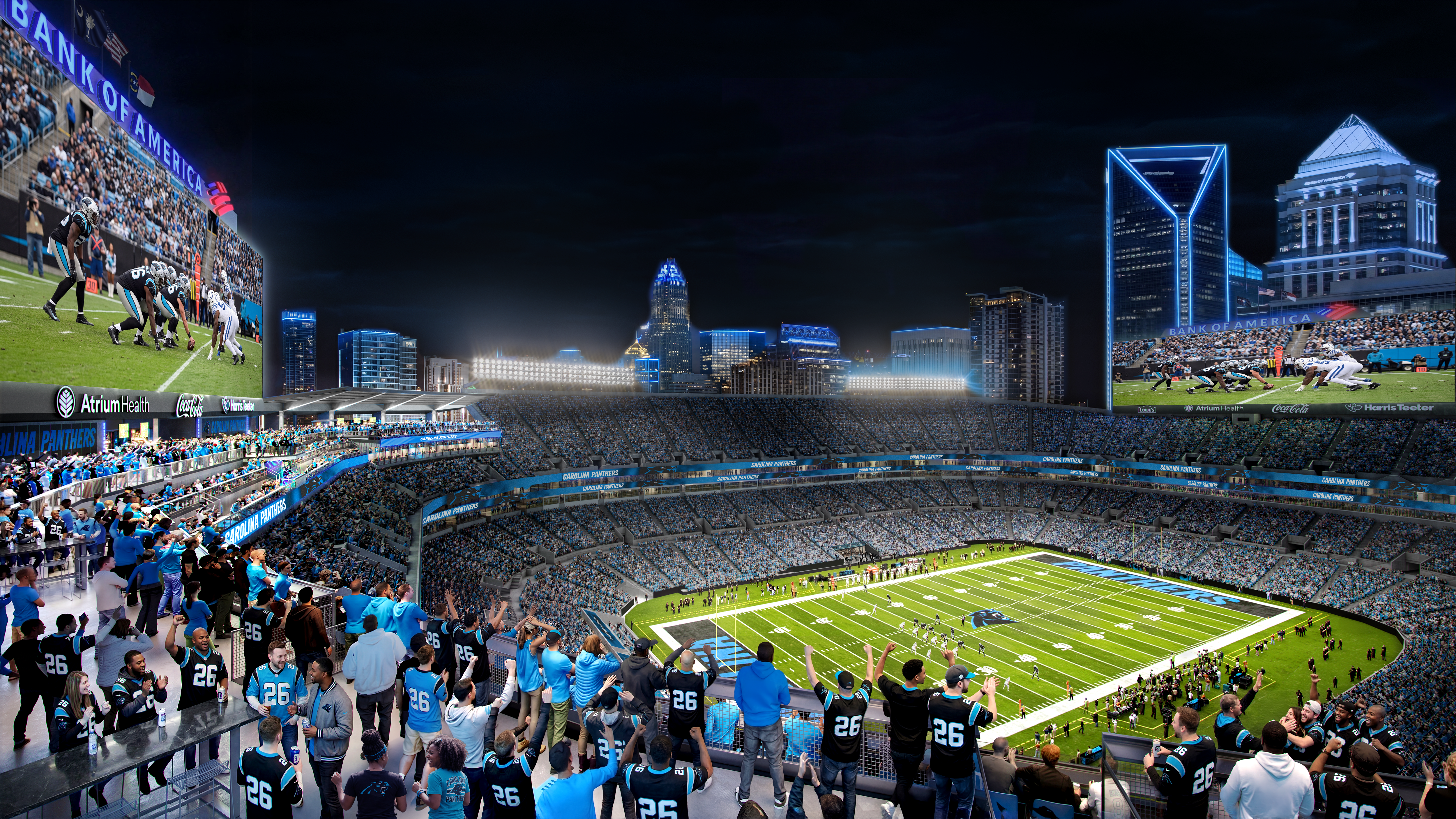 Night stadium filled with blue-clad Panthers fans watching a game. On the field, players line up as a city skyline is lit with blue neon lights in the background.
