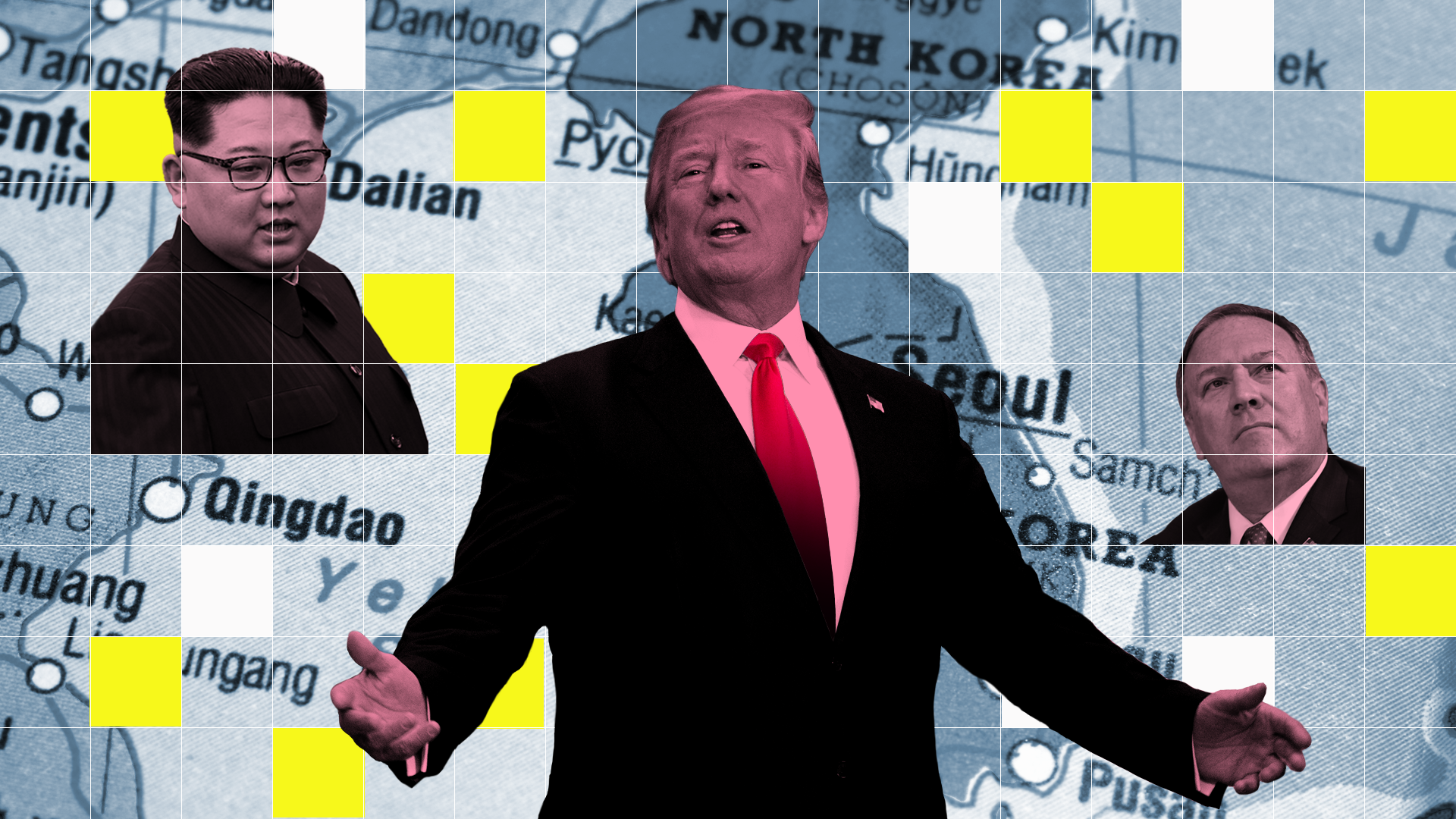 Trump, Kim Jong-un and Mike Pompeo illustration