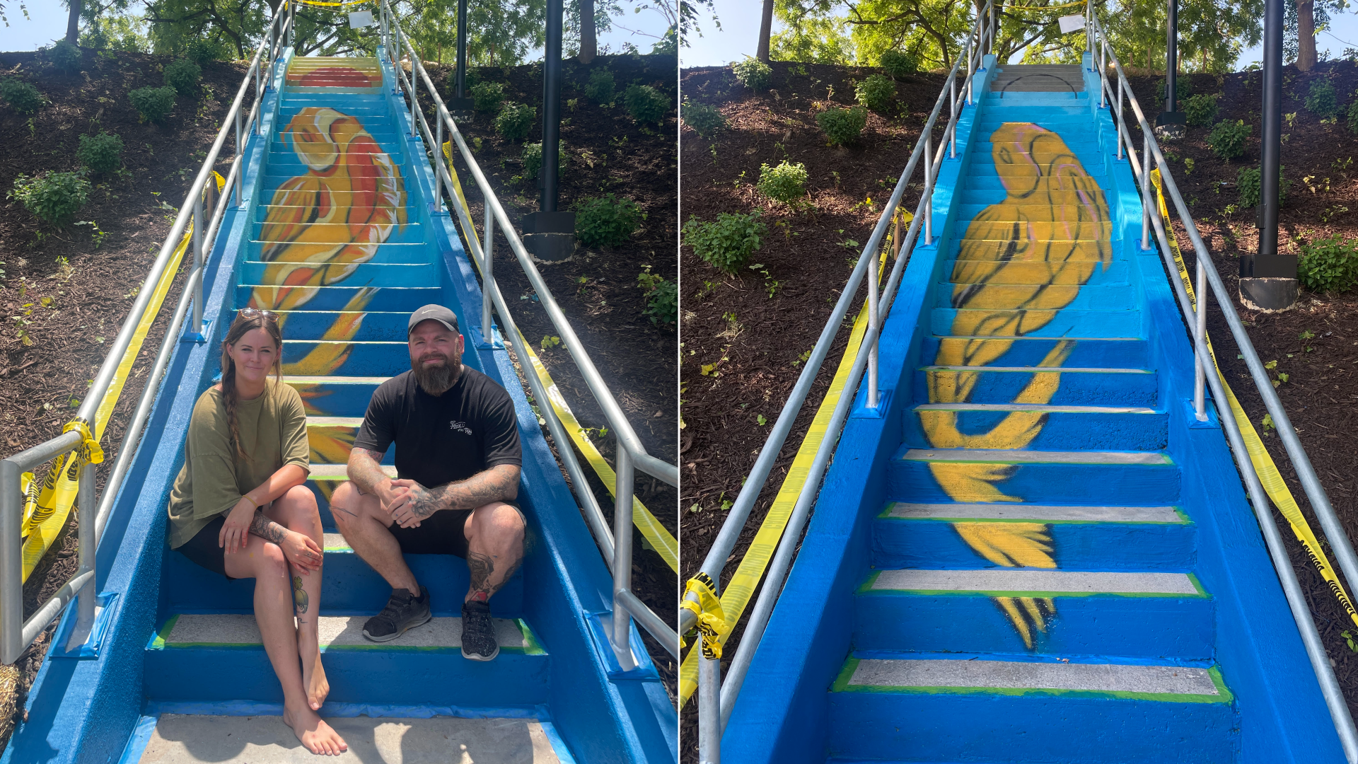 Jordan Sandquist and Chris Sullivan sit on the staircase they recently finished painting.