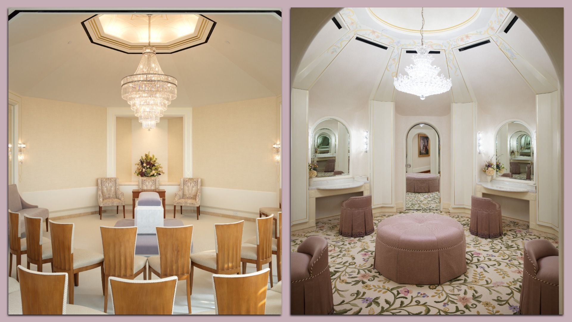 Split image of two luxurious rooms: left a beige waiting area with a large crystal chandelier and arranged chairs; right an ornate dressing room with arches, mirrors, pink ottomans, and floral carpet.