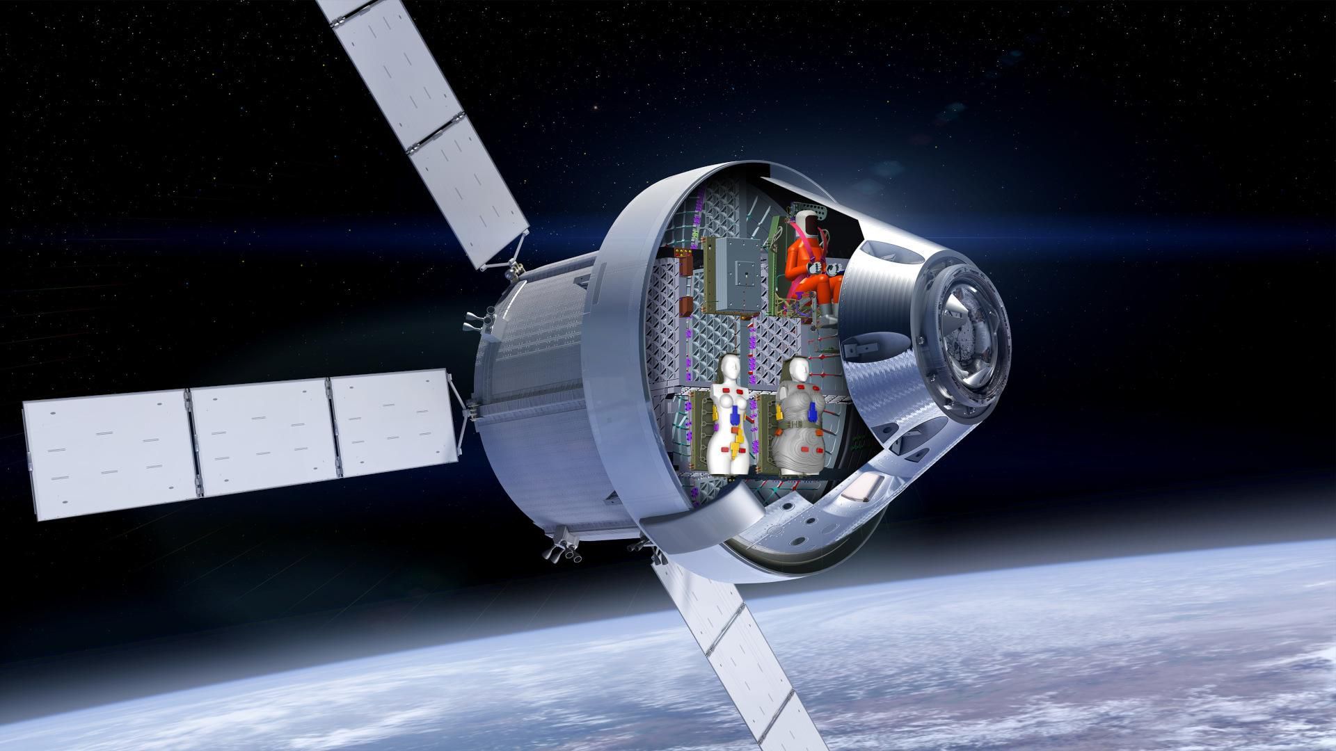Illustration of the "crew" of the Artemis 1 mis­sion to the moon. Image courtesy of NASA/Lockheed Martin/DLR