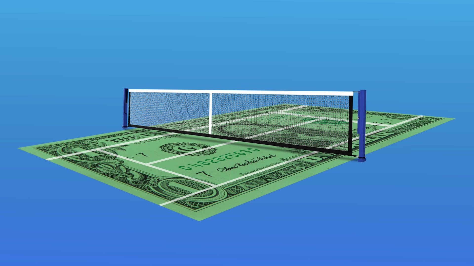 Illustration of dollar bill as a tennis court