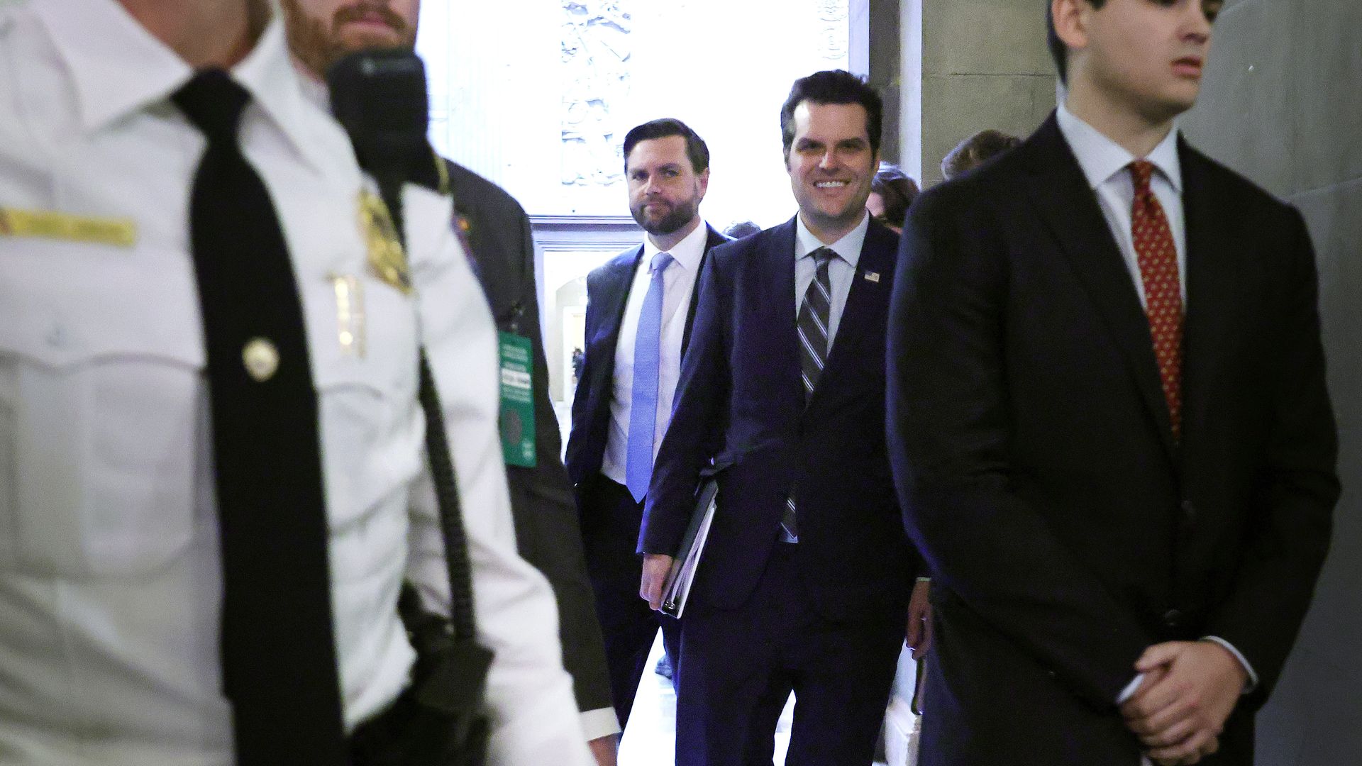 WASHINGTON, DC - NOVEMBER 20: Vice President-elect, Sen. JD Vance (R-OH) (L) and former Congressman Matt Gaetz (R-FL) leave the U.S. Capitol after meeting with Republican members of the Senate, including members of the Judiciary Committee, on November 20, 2024 in Washington, DC. President-elect Dona