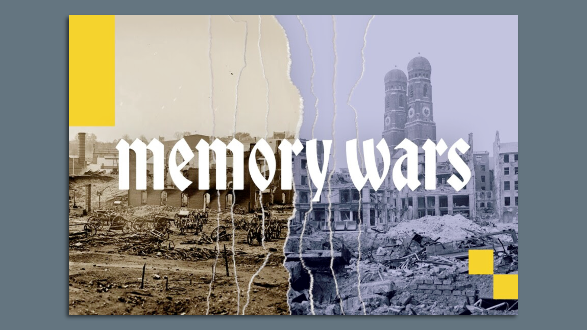 The graphic for memory wars, which shows historic Richmond next to  historic Germany 