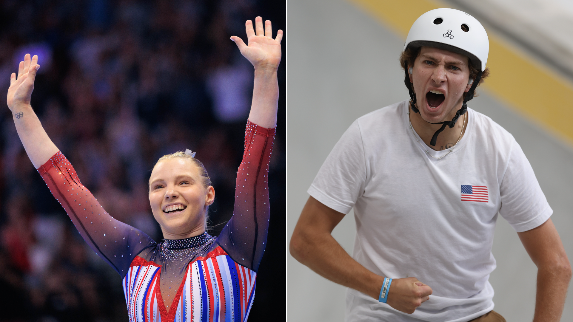 Side by side photos of a gymnast and a skateboarder.