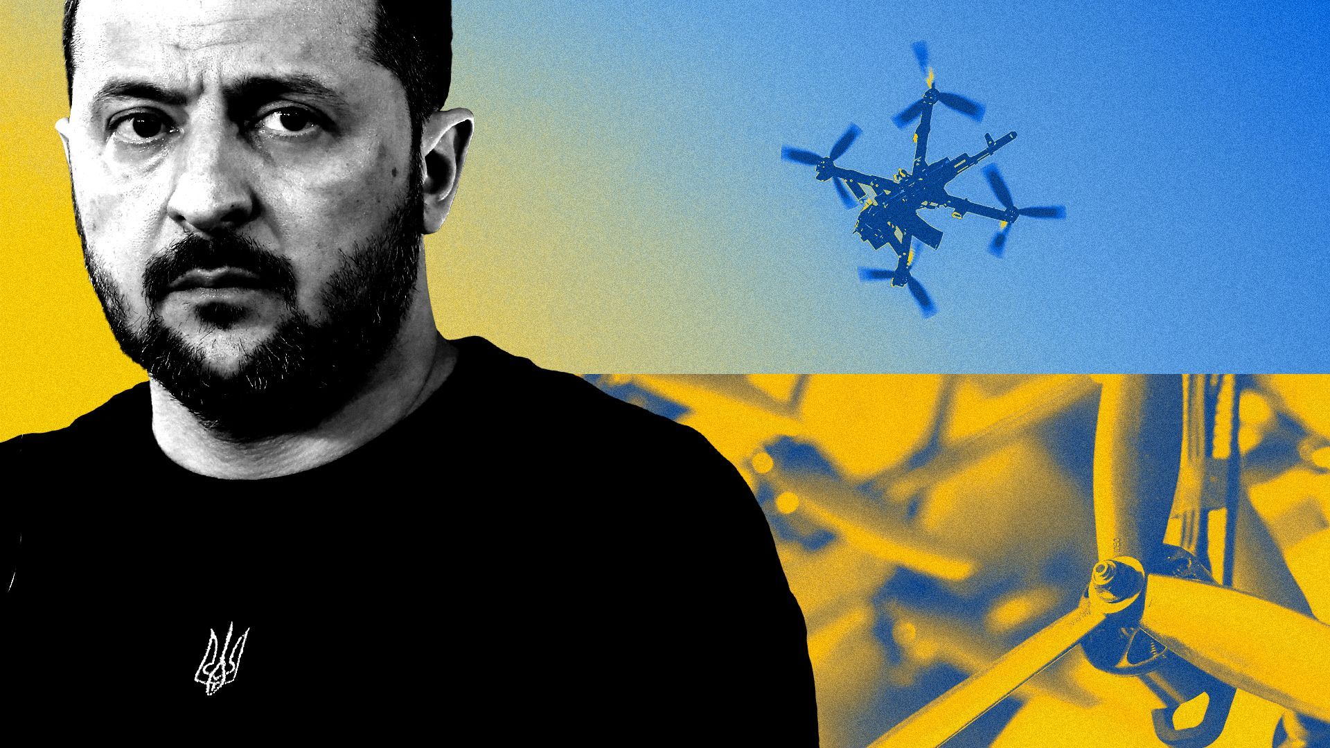 Illustration of a photo collage featuring Volodymyr Zelensky and drones rendered in the colors of the Ukrainian flag.