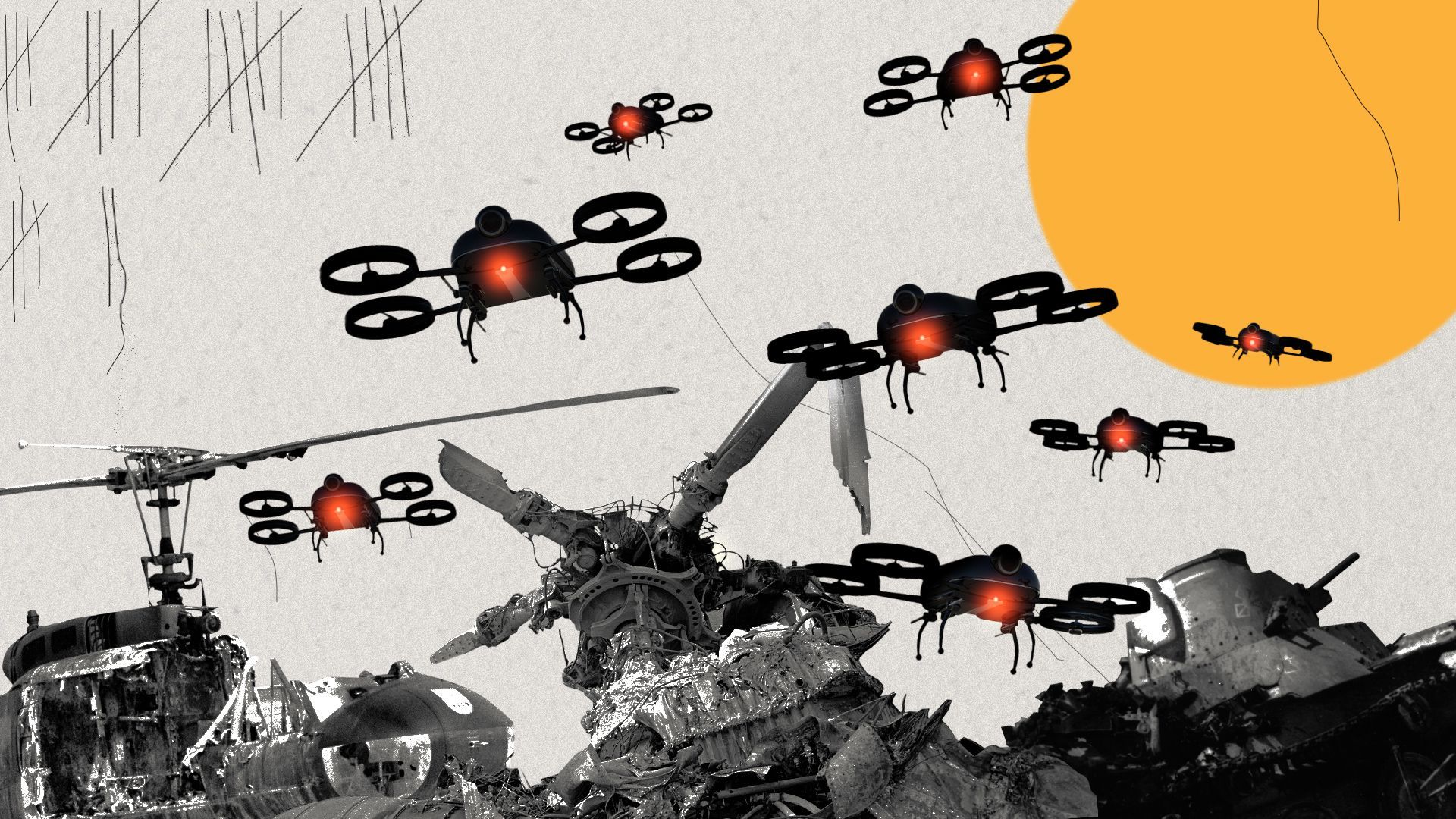 Photo illustration collage of a swarm of drones flying in front of a yellow circle sun, with military wreckage in the foreground and pen marks illustrating a kill count spread all around. 
