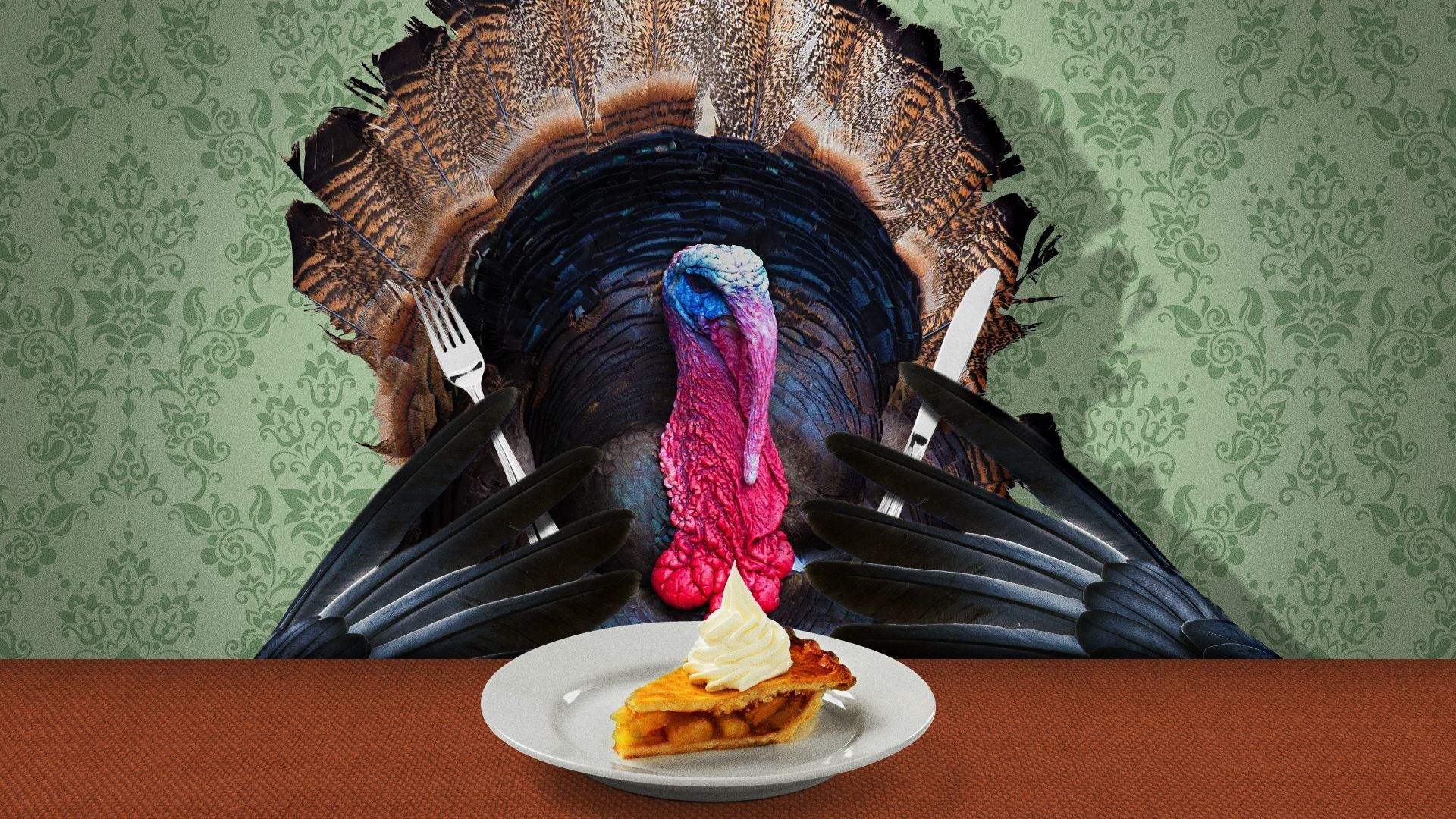 Illustration of a turkey eating pie. 