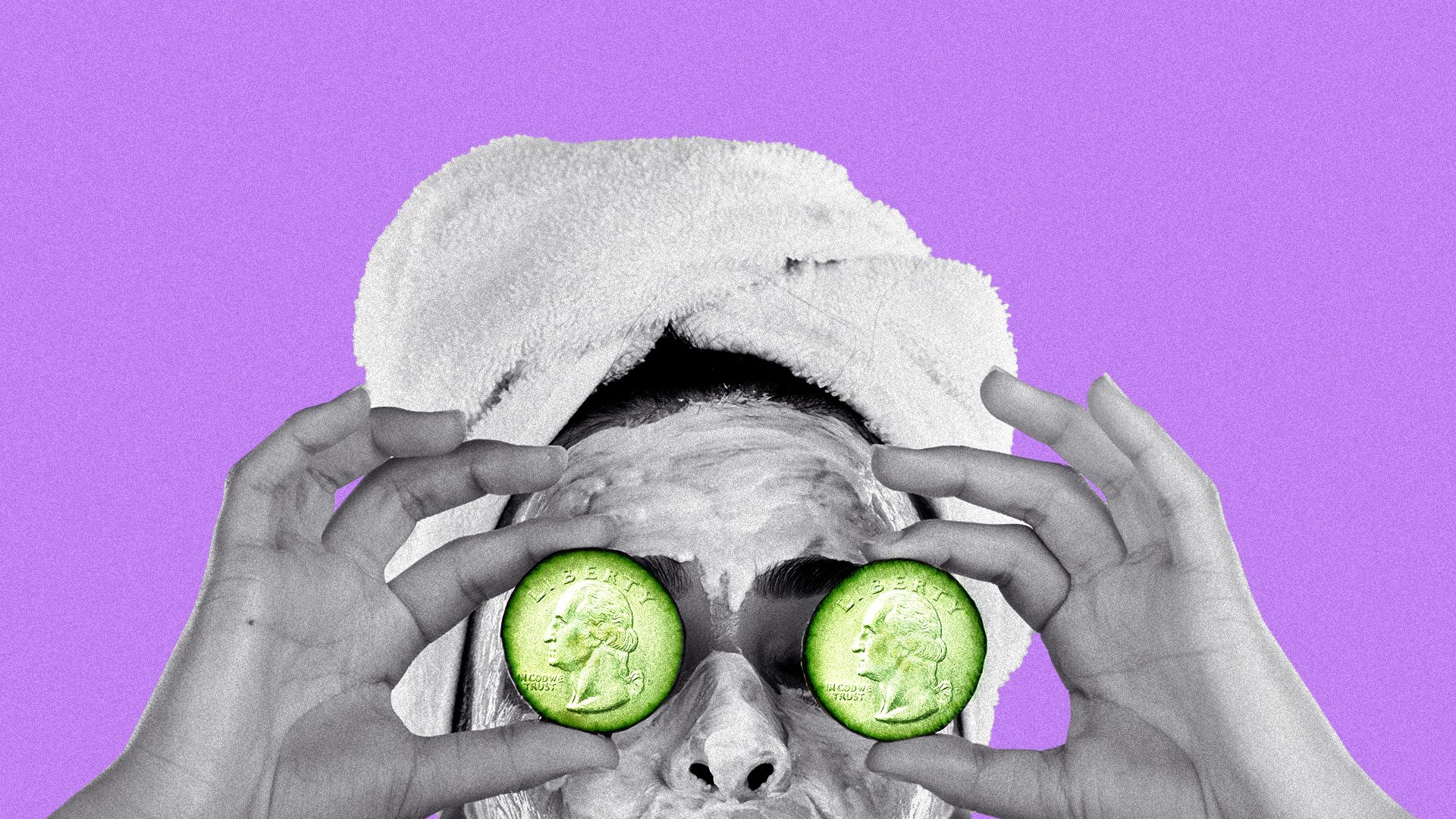 Illustration of a person holding cucumber slices made from quarters up to their eyes.