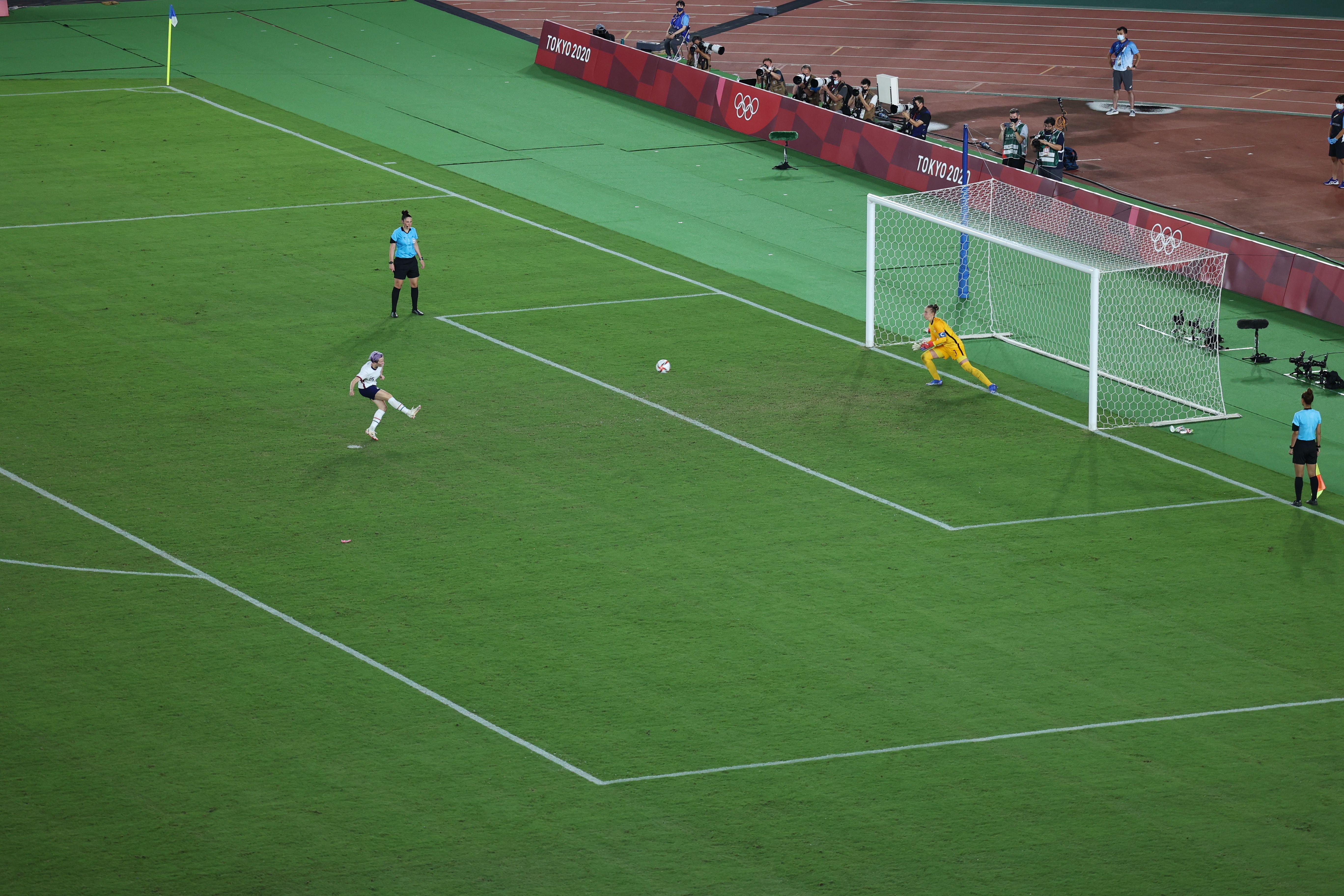 Megan Rapinoe takes her penalty kick, which went in.