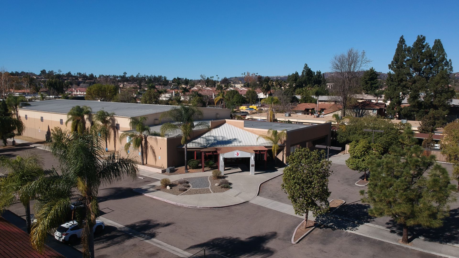 An aerial view of a YMCA building. 