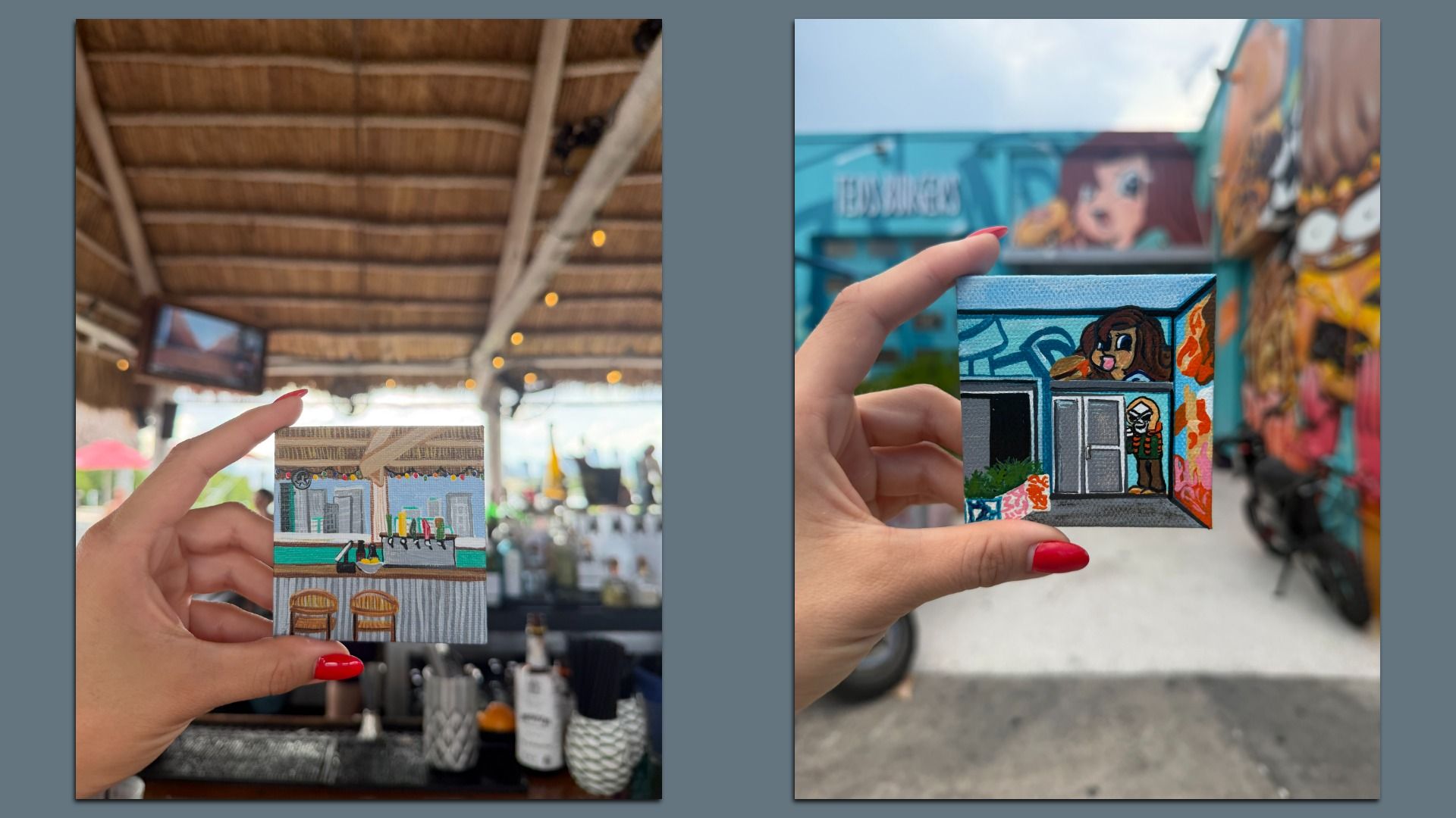 Two photos of a hand holding tiny painted cards. Left: a cafe interior with stools and warm lighting under a thatched ceiling. Right: a blue cartoon storefront among colorful murals.