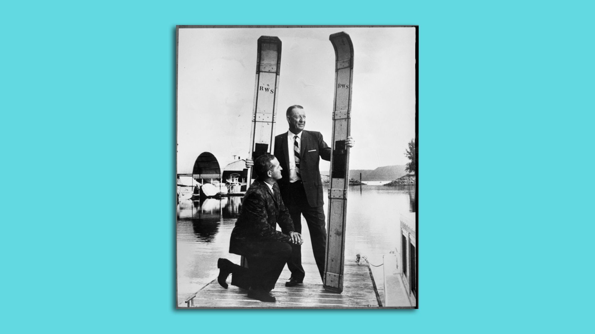 Ralph Samuelson poses with his original water skis in the 1960s.