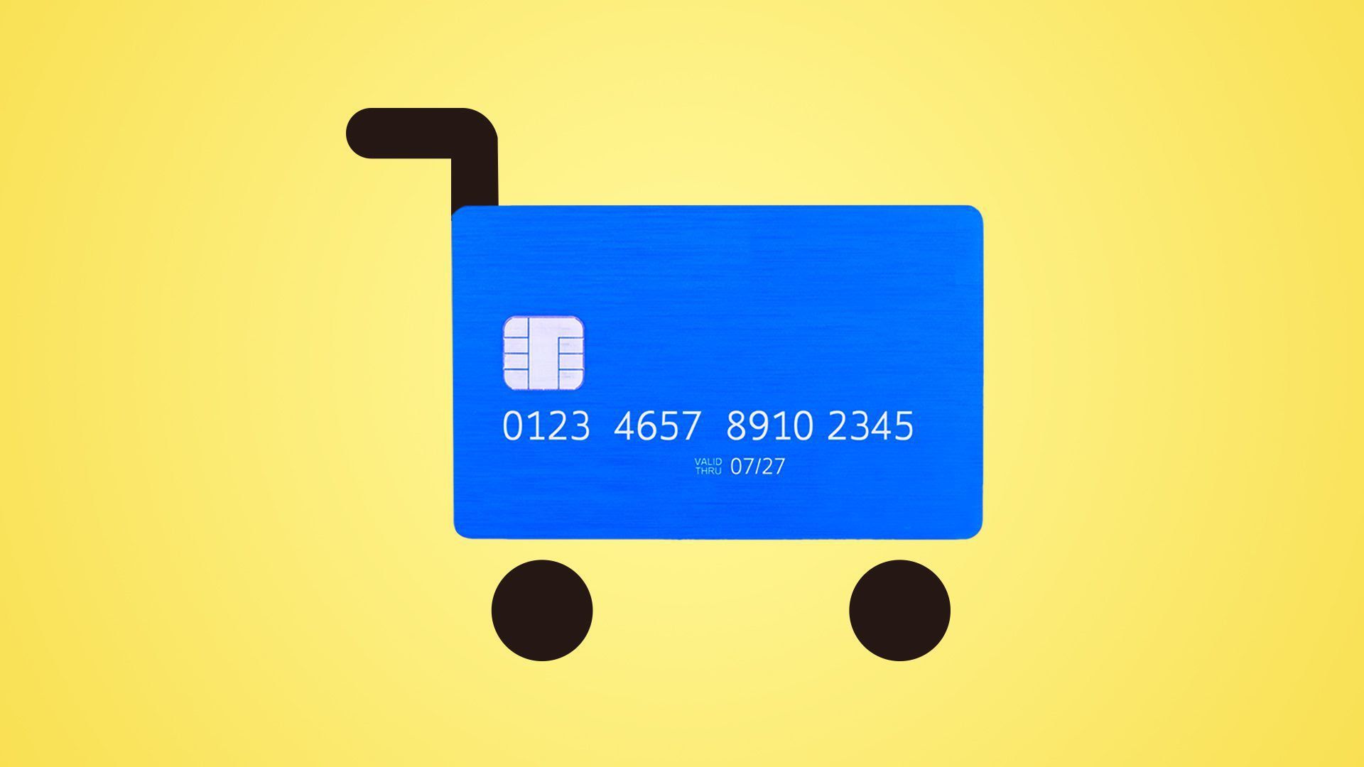 An illustration showing a credit card as the body of a shopping cart. 