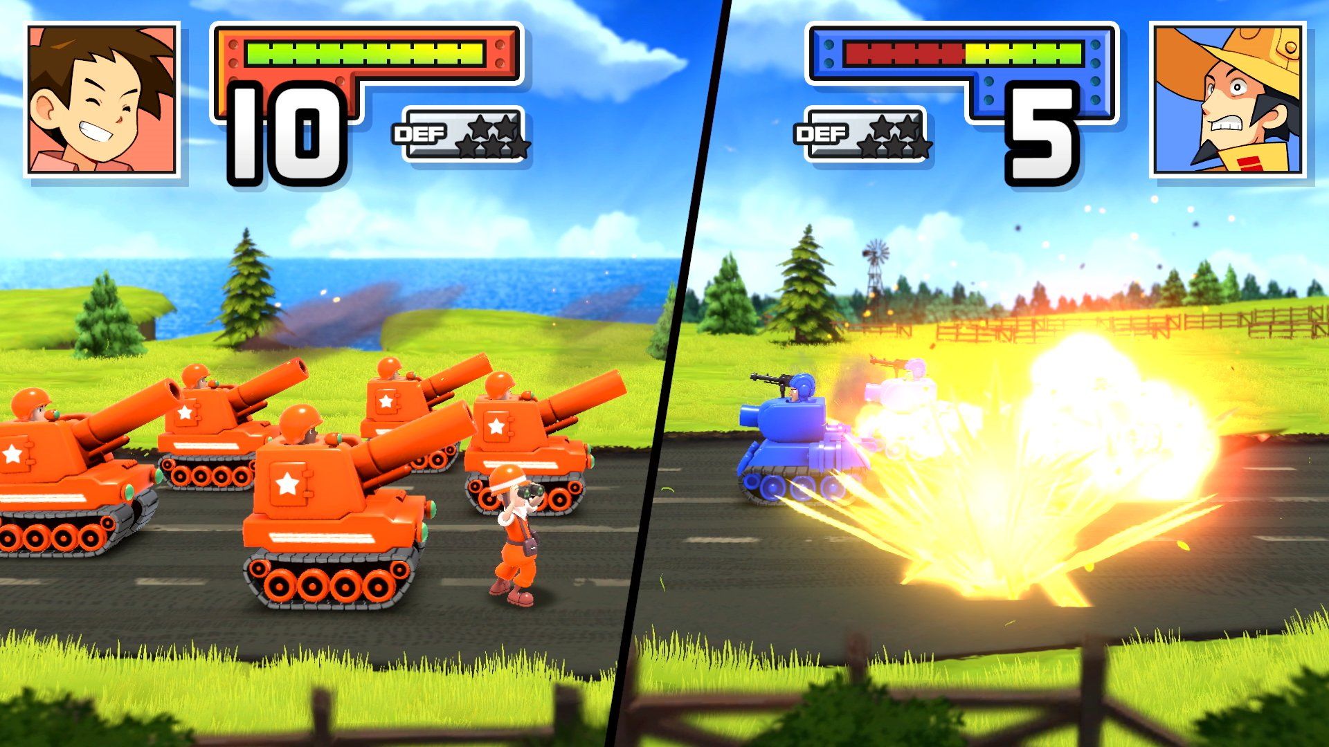 Video game screenshot of cartoonish red and blue tanks and artillery facing off