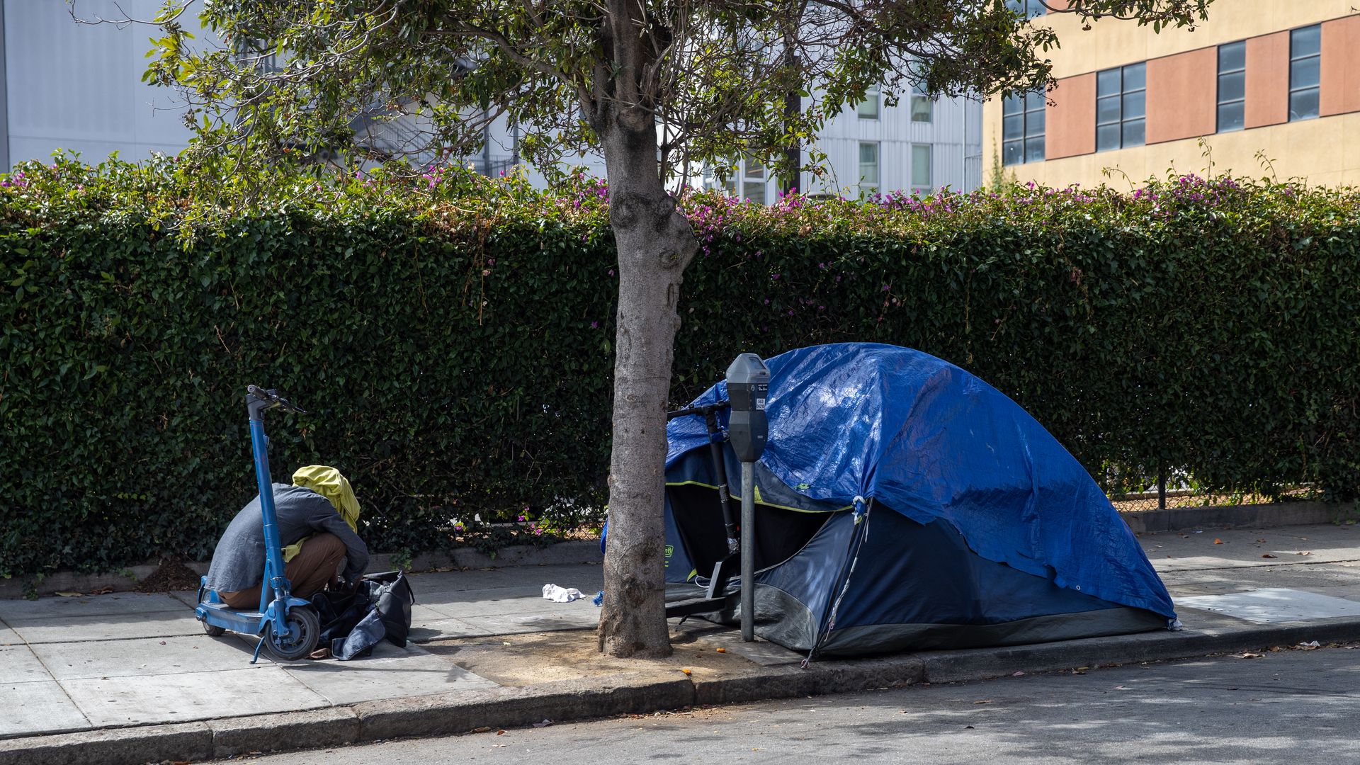 Person sitting on a sidewalk next to a tent.