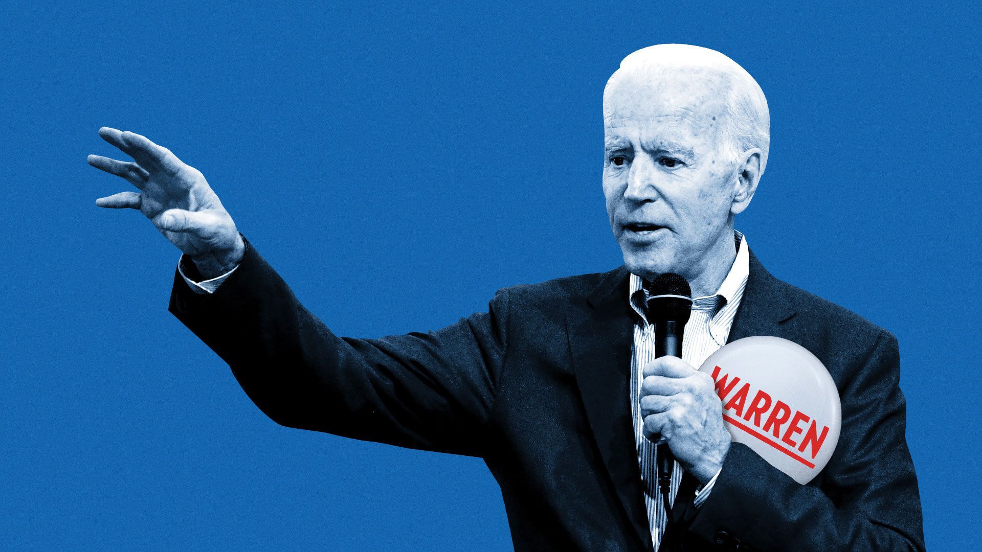 Illustration of Joe Biden wearing a large Elizabeth Warren button