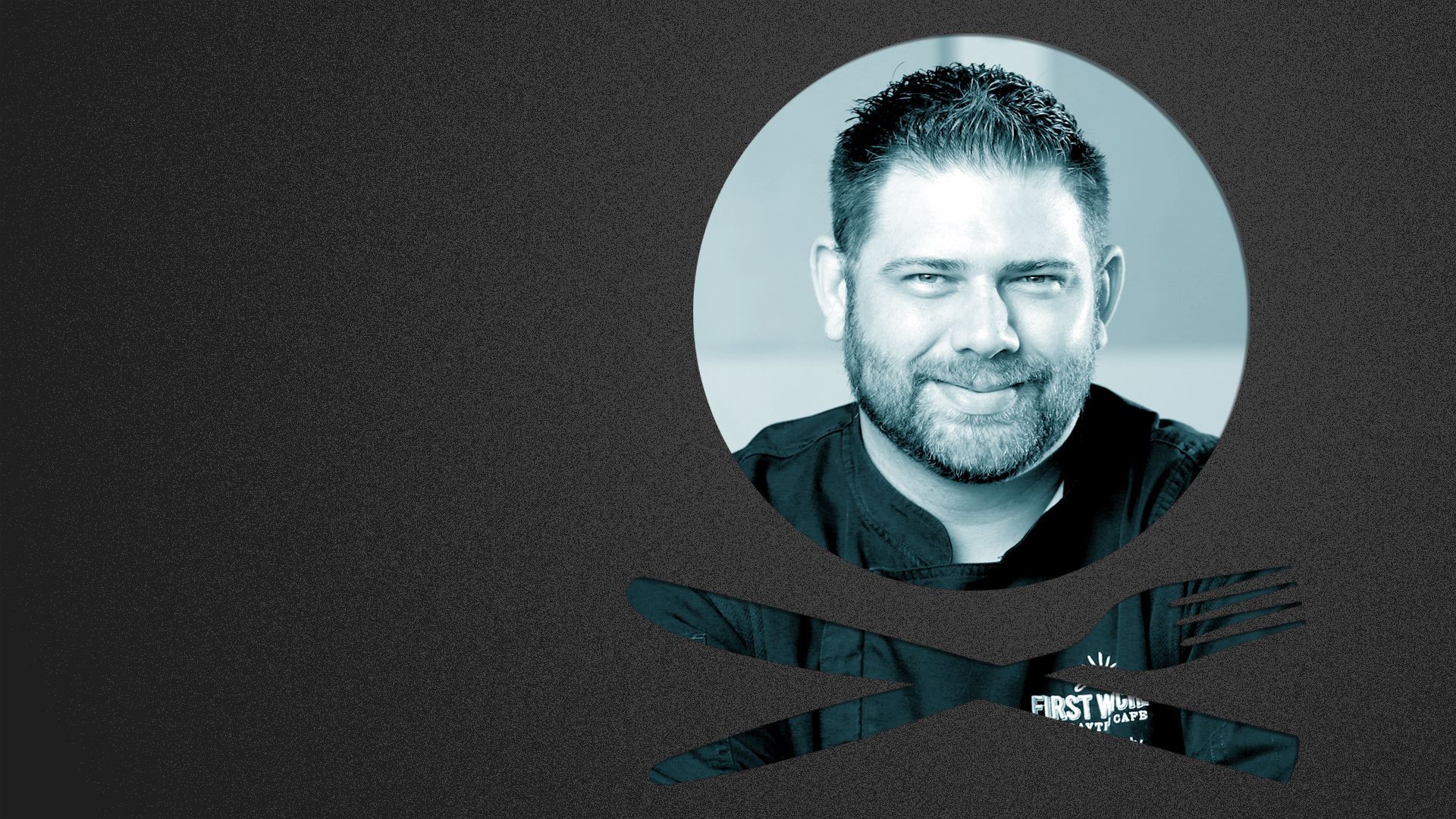 Photo illustration of a place setting shaped like a skull and crossbones containing a photo of Chef Shane Schaibly.