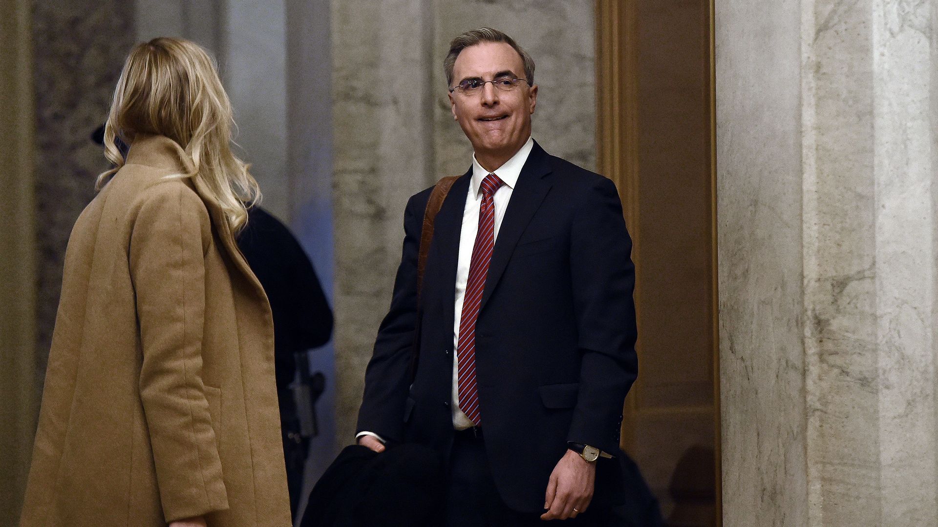 White House counsel Pat Cipollone (R) arrives for the Senate impeachment trial