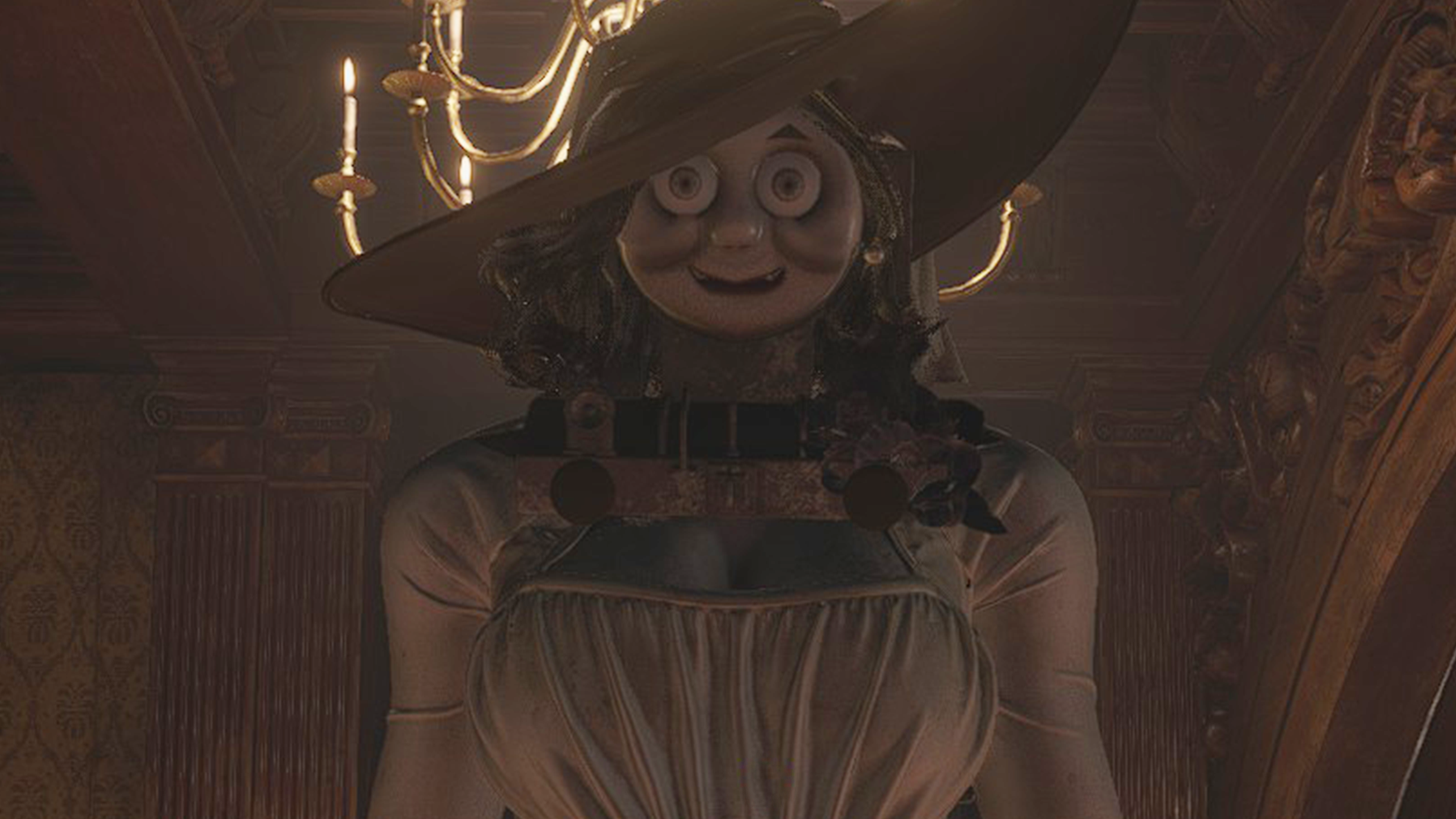 Screenshot of a character from Resident Evil Village with Tommy the tank engine's face pasted on
