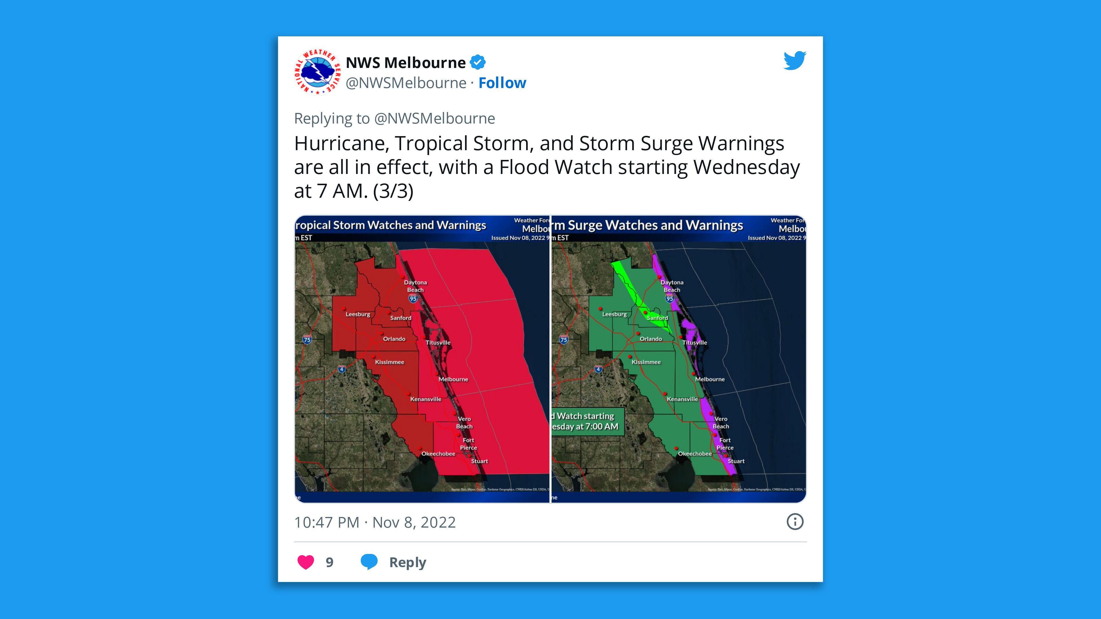 A screenshot of an NWS tweet saying hurricane, tropical storm and storm surge warning are in effect for parts of Florida and a flood watch will begin at 7am Wednesday.