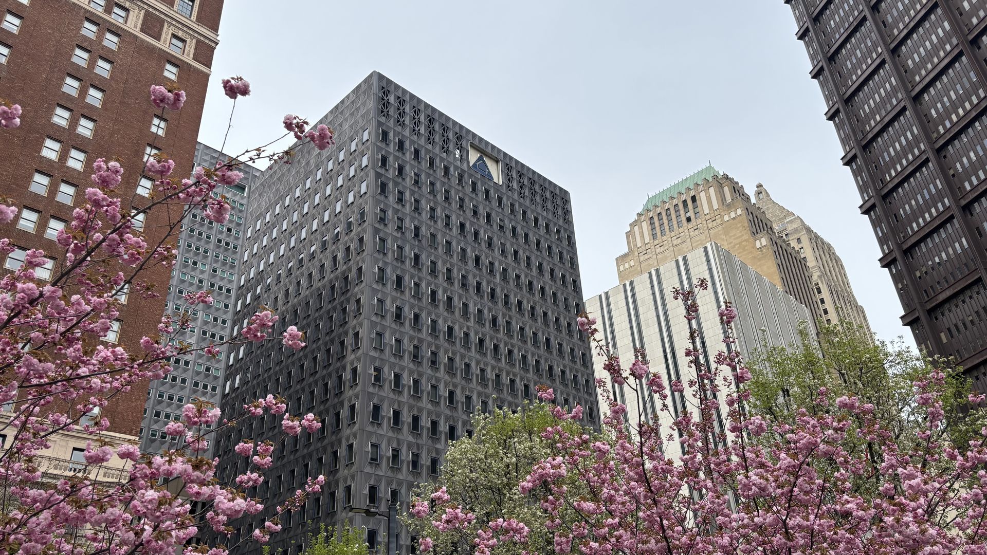 The Former FHL Bank Building in Downtown Pittsburgh with magnolia blossoms in the foreground