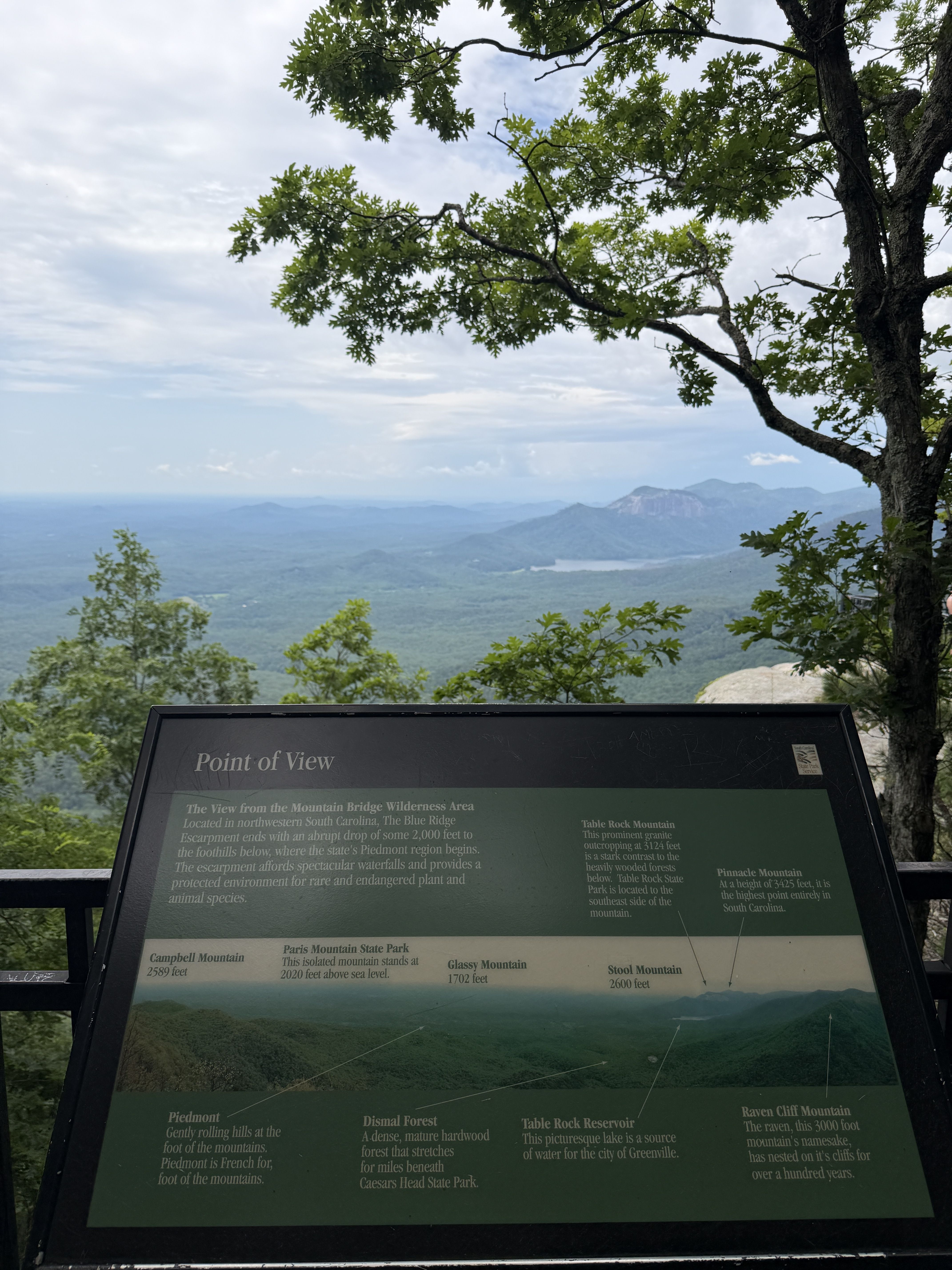 Leafy tree branches frame a distant valley and blue mountains beneath a cloudy sky; an informational sign at the bottom reads "Point of View" describing the overlook.