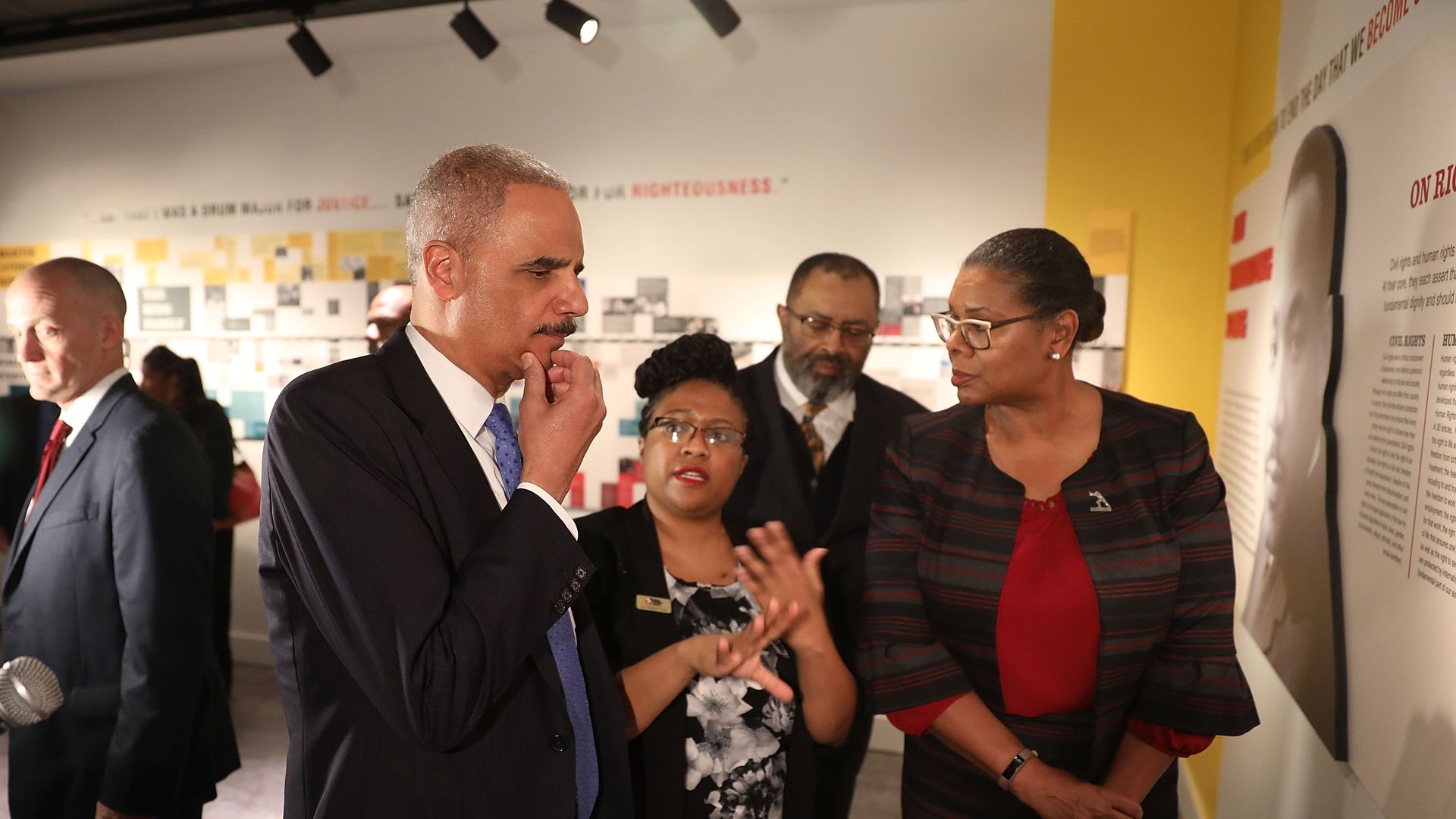Noelle Trent, center, gave then-U.S. Attorney General Eric Holder Jr. a tour of the “MLK50: A Legacy Remembered” exhibit at the National Civil Rights Museum in Memphis in 2018. 