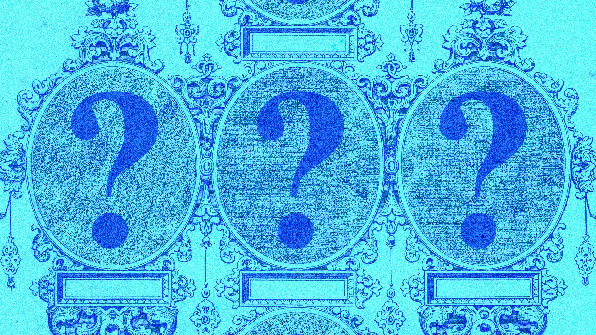 Illustration of question marks within ornate portrait composite frames