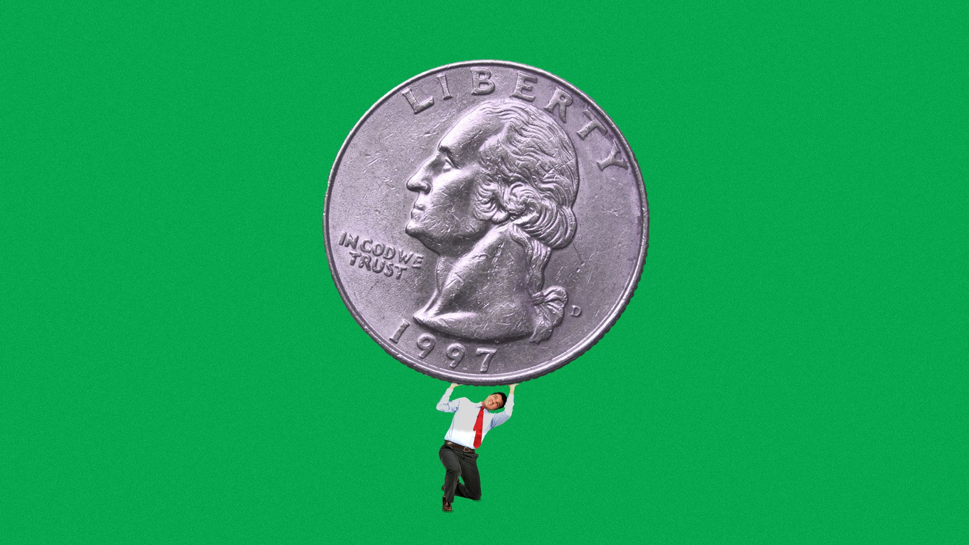 Illustration of man struggling under the weight of a large quarter.