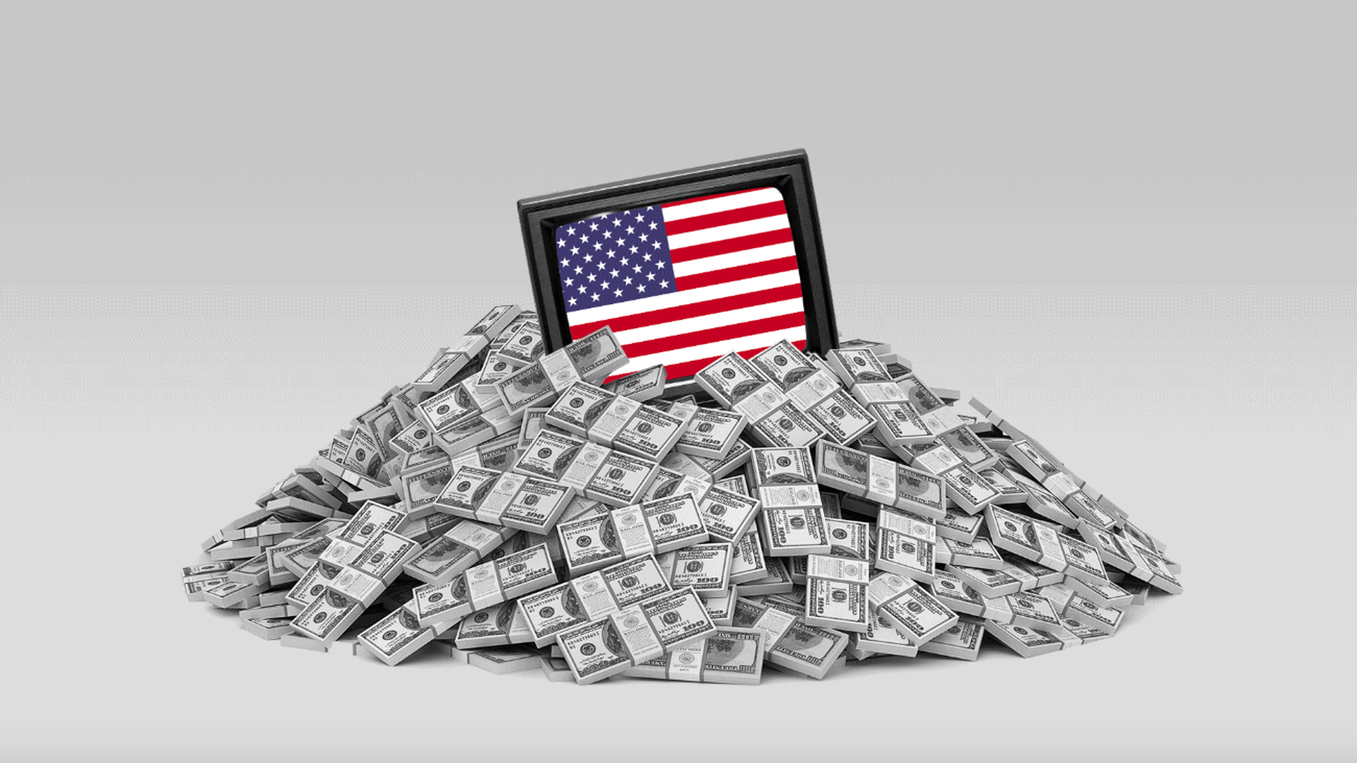 TV with american flag on a pile of money