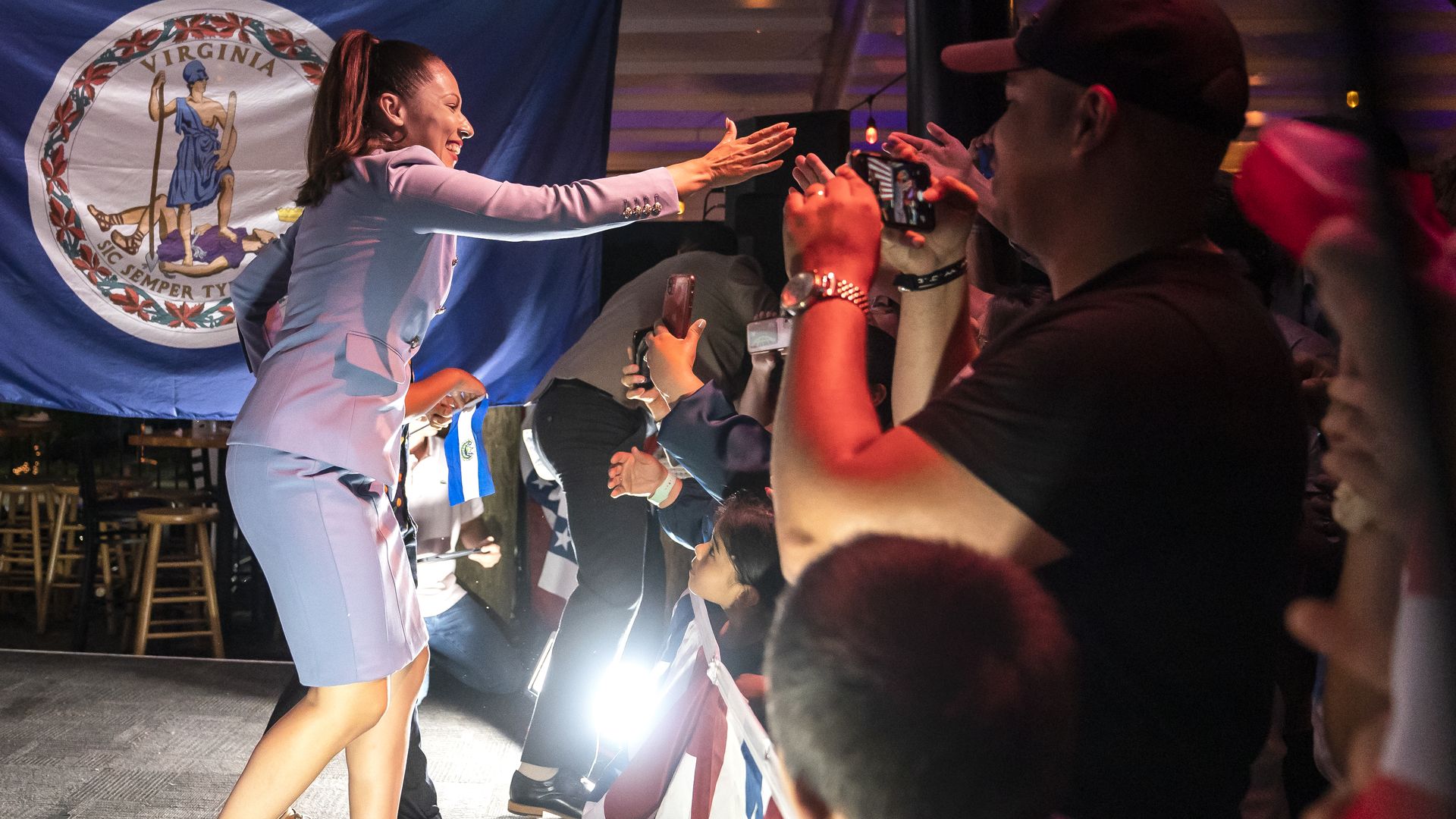 Yesli Vega celebrates her Republican primary win for the 7th Congressional District during an election night event on June 21, 2022 in Woodbridge, Virginia. 
