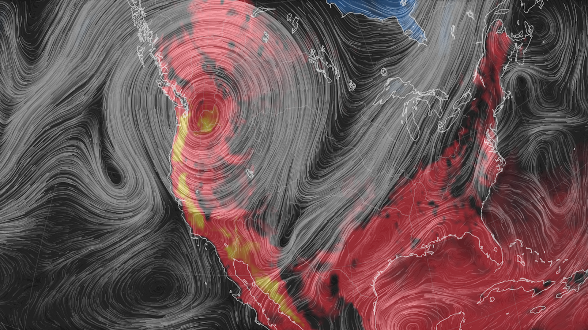 Weather map showing the jet stream winds and surface temperatures during a major heat wave in June 2021.