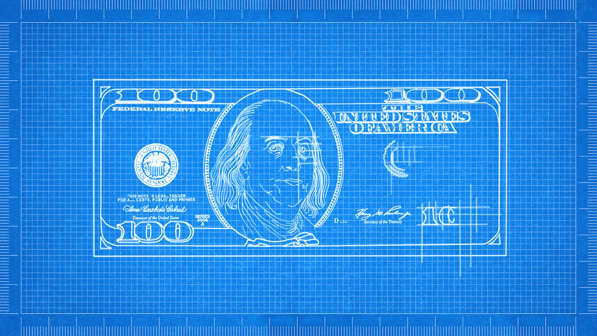 Illustration of a blueprint drawing of an uncompleted hundred dollar bill