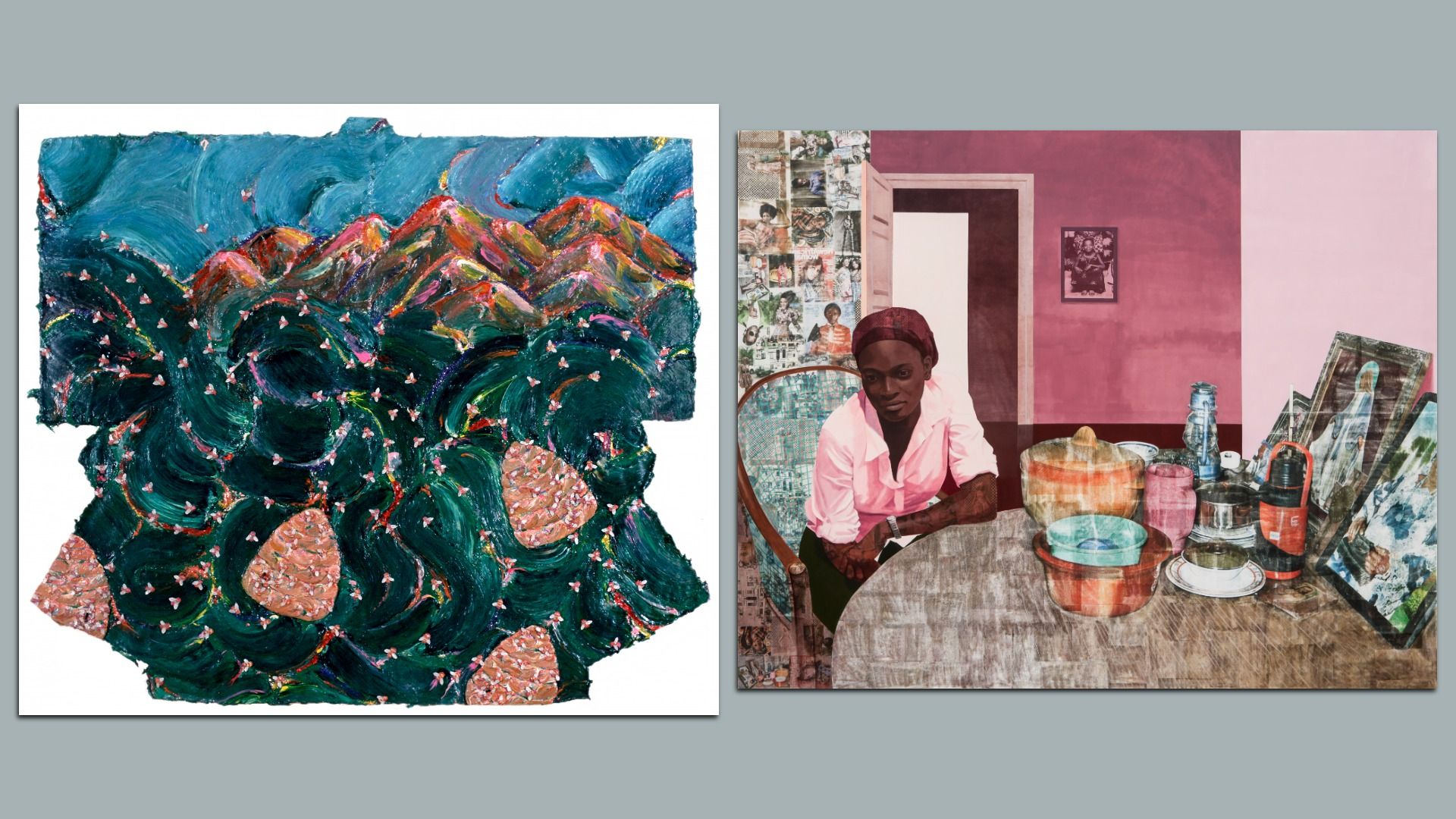 Two artworks side by side. Left: a textured, abstract landscape with swirling green strokes, pinecones, and vivid mountains. Right: a realistic painting of a woman in a pink shirt sitting at a table with dishes, family photos, and a pink wall behind her.