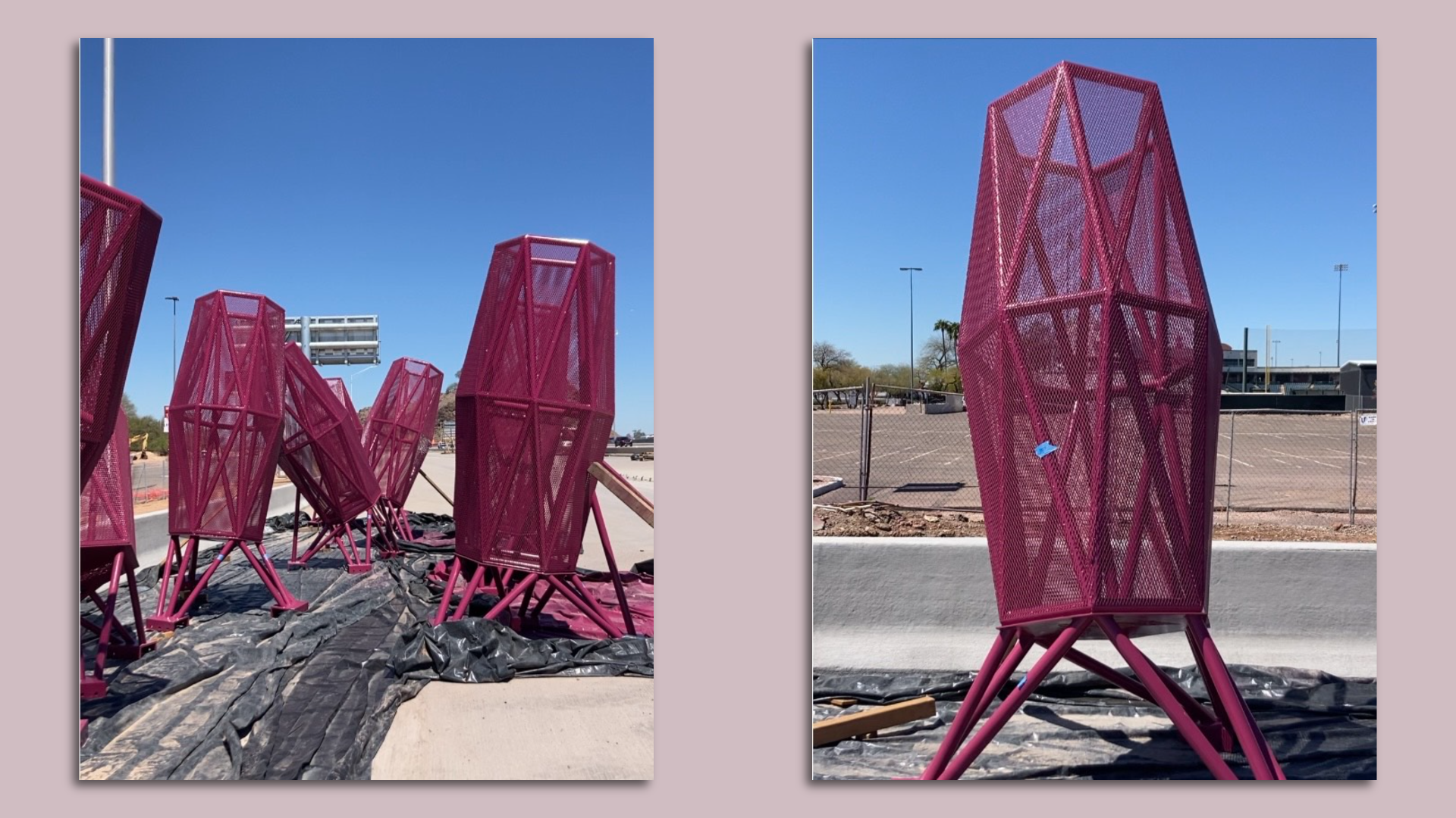 Photos of giant maroon structures.