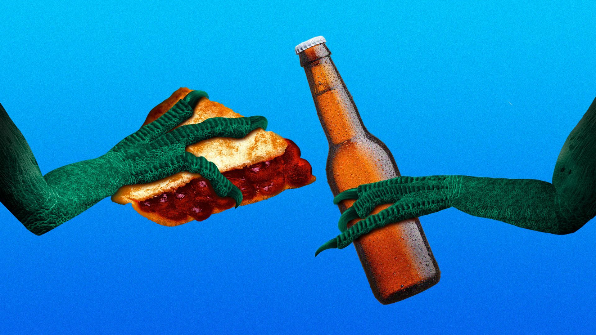 Illustration of dinosaur claws holding a piece of pie and a bottle of beer.