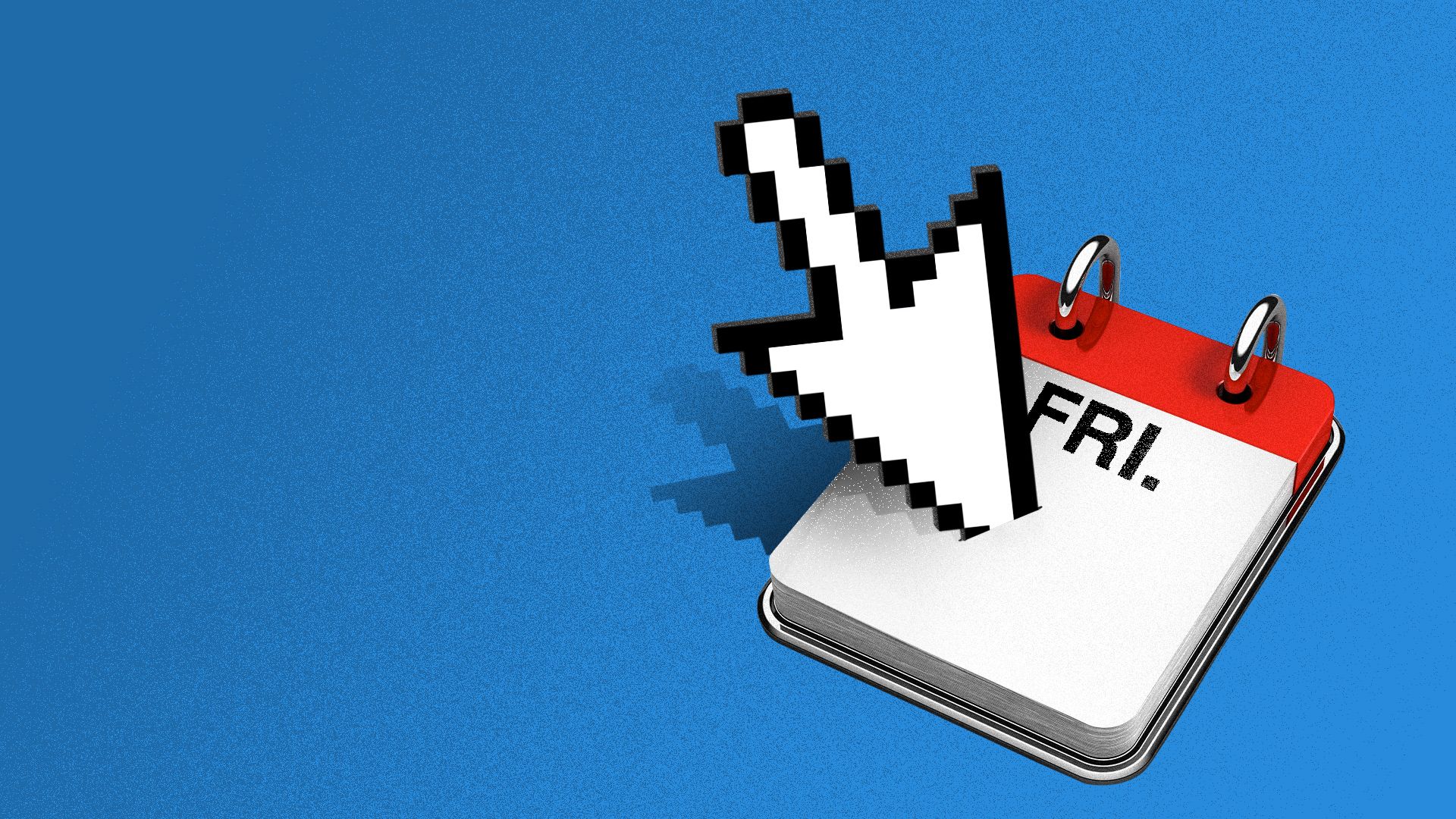 An illustration of an arrow cursor pierces a small desk calendar displaying the word "FRI." on a blue gradient background. The calendar has a red top section with metal rings holding the pages.