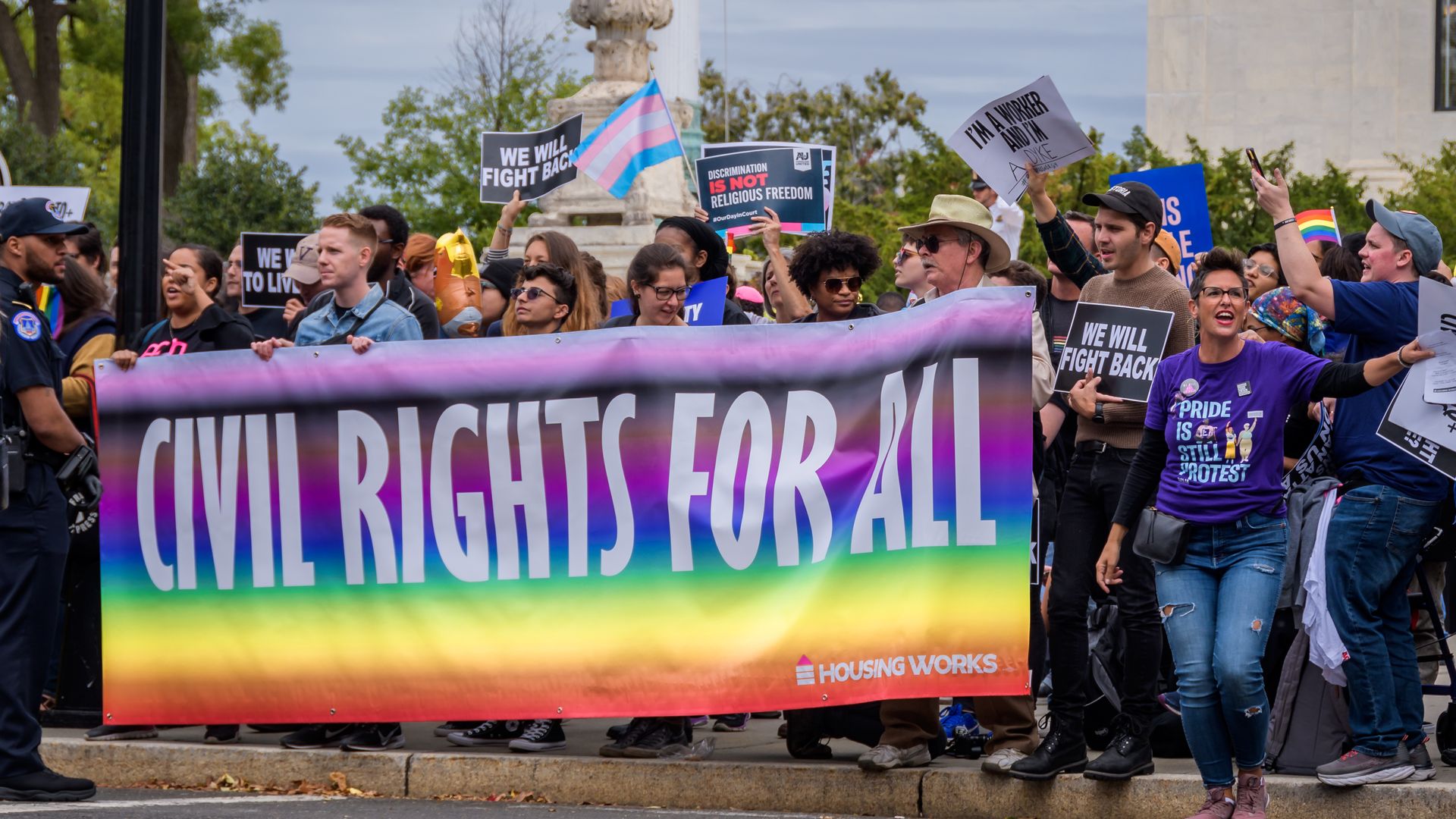 Protesters holding a banner outside the Supreme Court. 