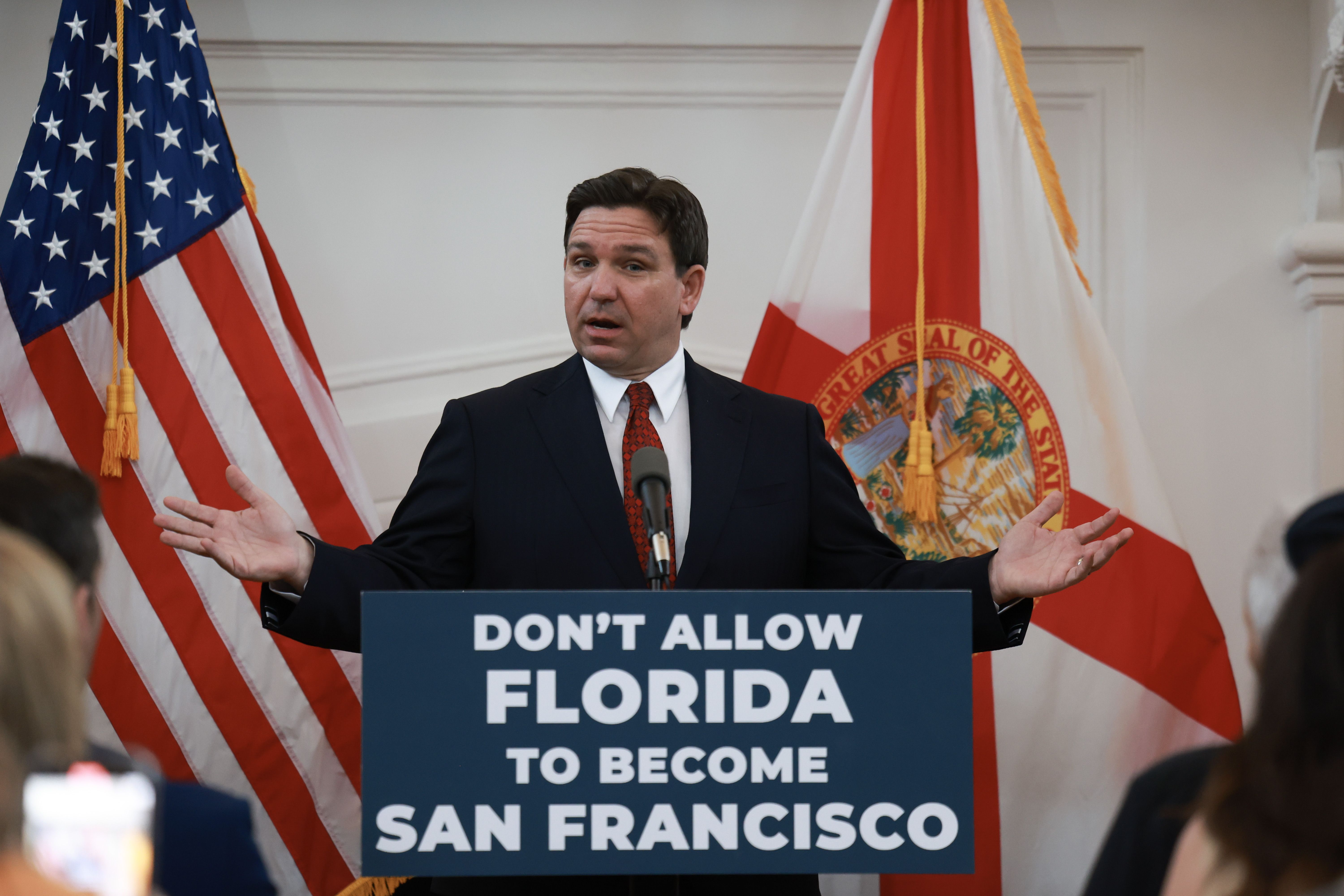 Florida Gov. Ron DeSantis speaks during a news conference on February 05, 2024 in Miami Beach, Florida.