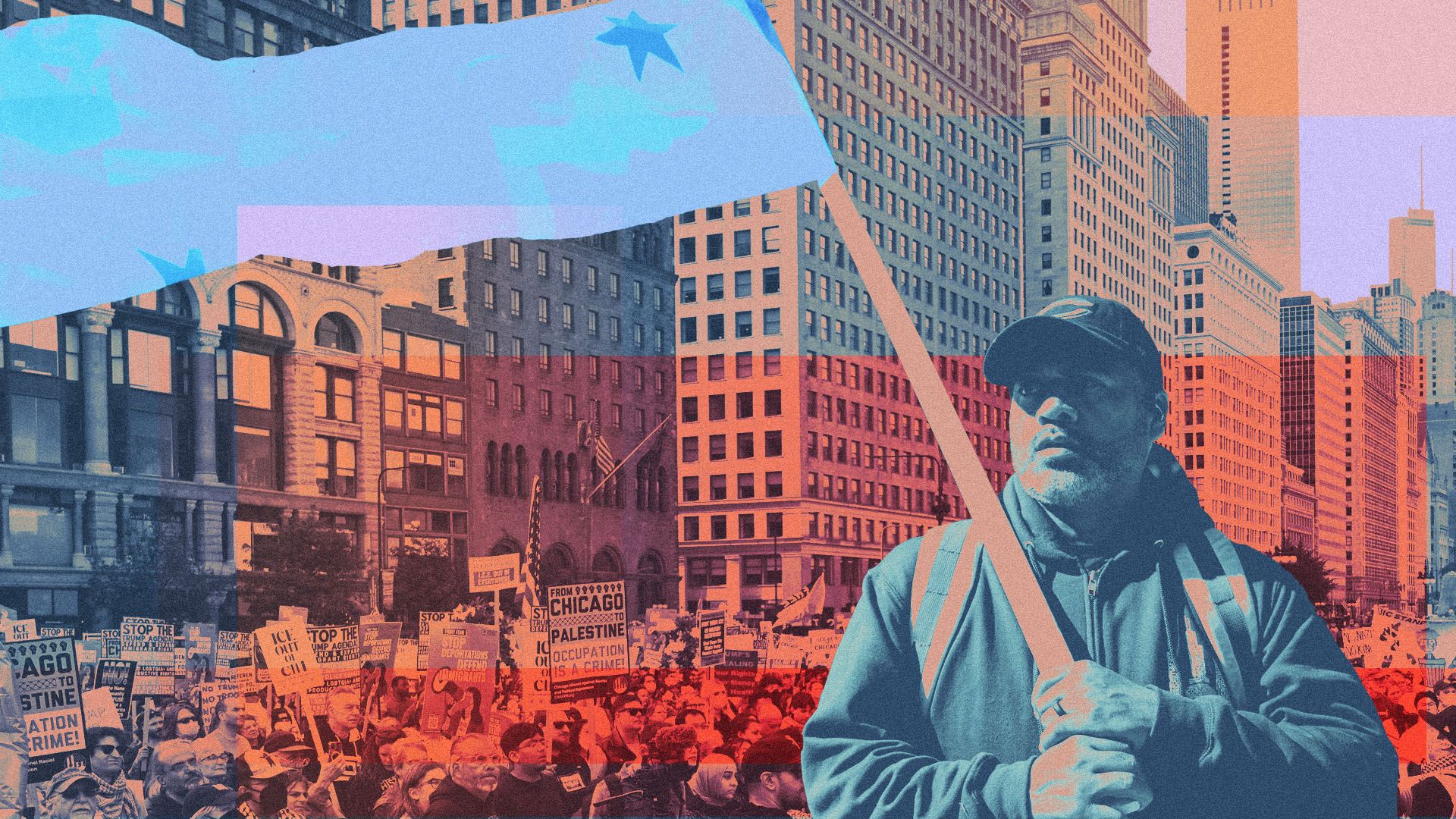 Photo illustration of a protestor with a Chicago flag against a backdrop a crowd of protestors in downtown Chicago