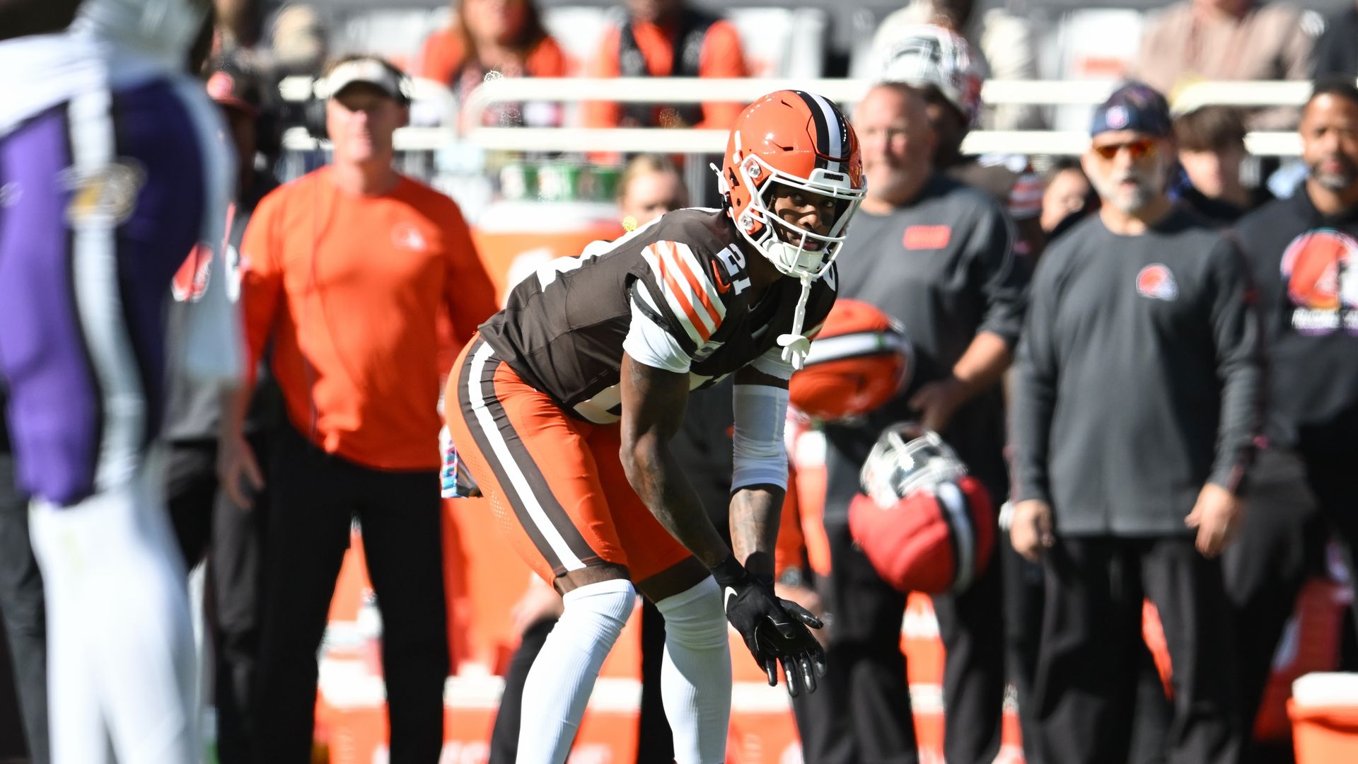Browns cornerback Denzel Ward gets ready for a snap in a game against the Baltimore Ravens this season.