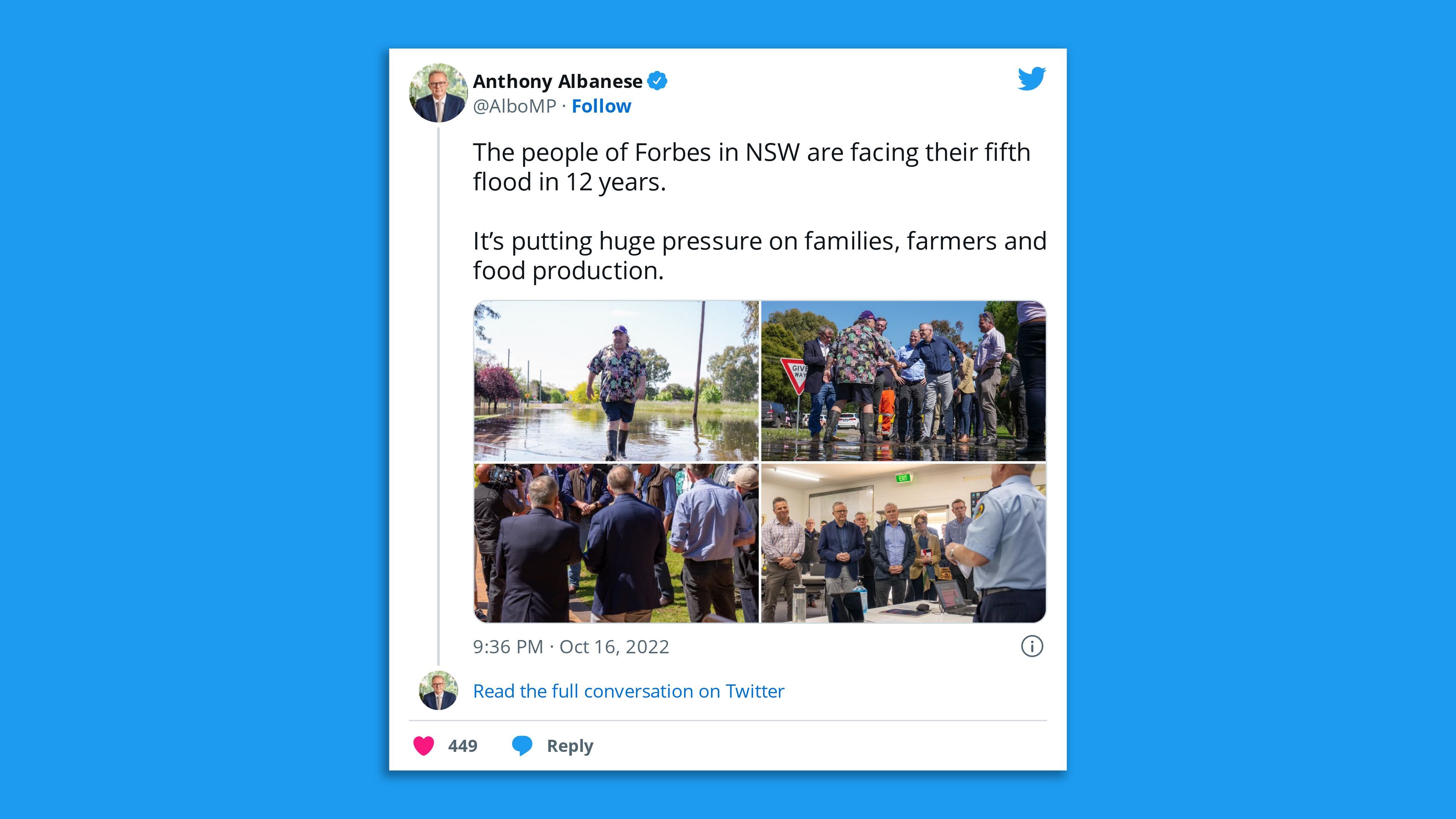 Australian Prime Minister Anthony Albanese notes in a tweet that Forbes, New South Wales, has been hit by flooding five years in a row.