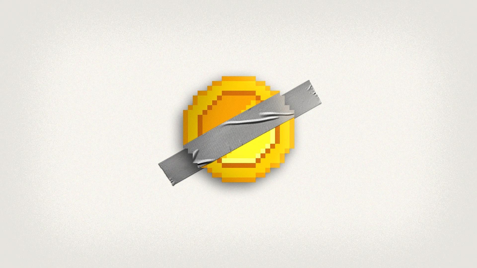 Illustration of a pixelated gold coin taped to a white background with a strip of gray duct tape.