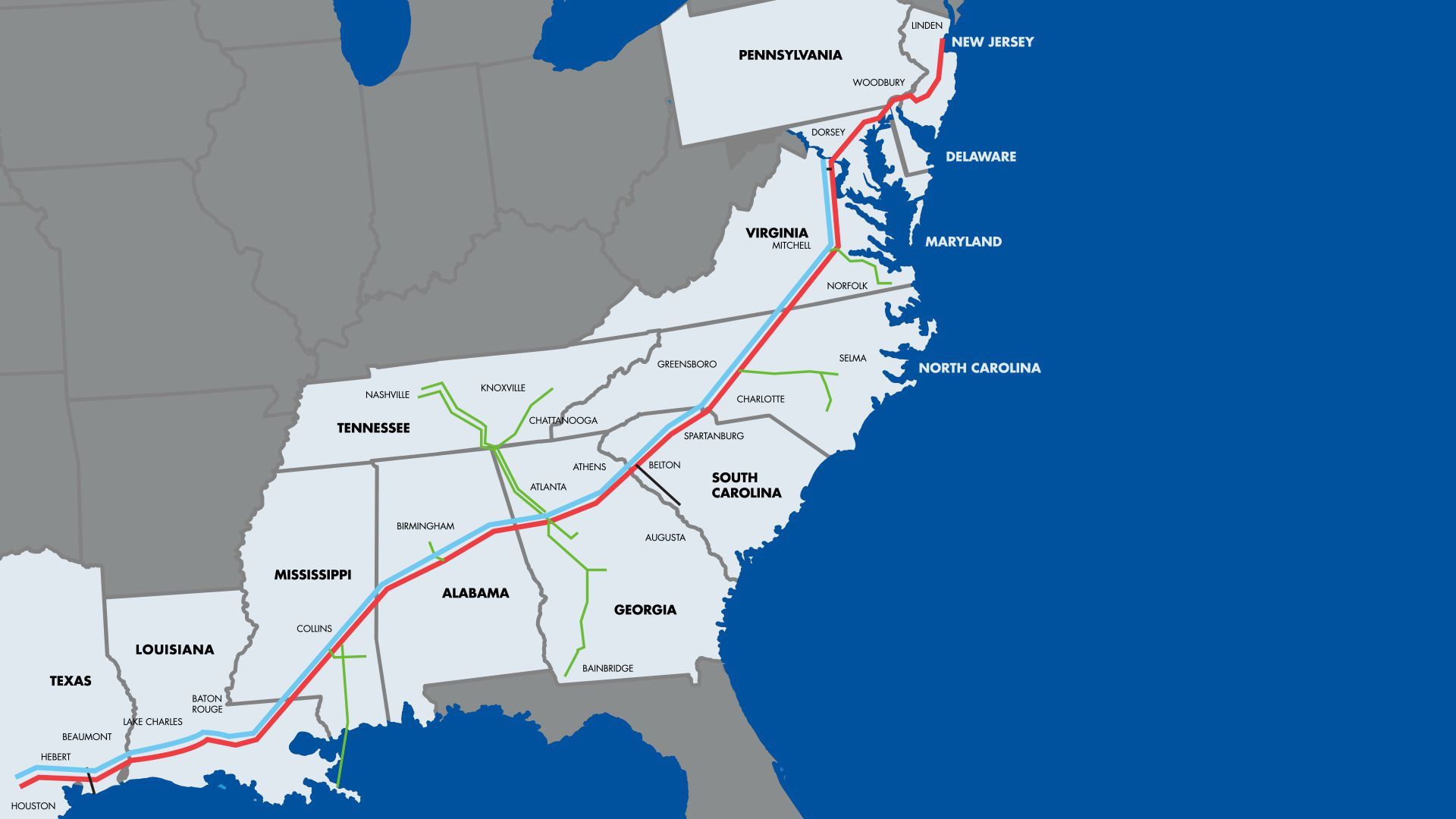 A map of the Colonial pipeline system stretching up the east coast